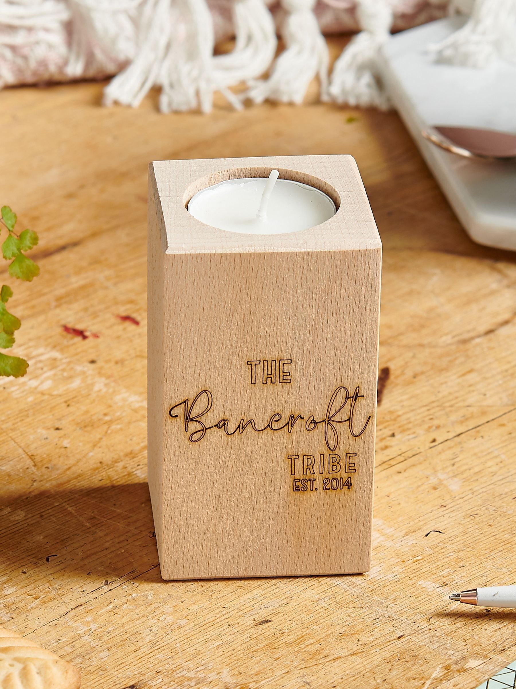 No Ordinary Gift personalised wooden tealight holder 13cm tall - British product