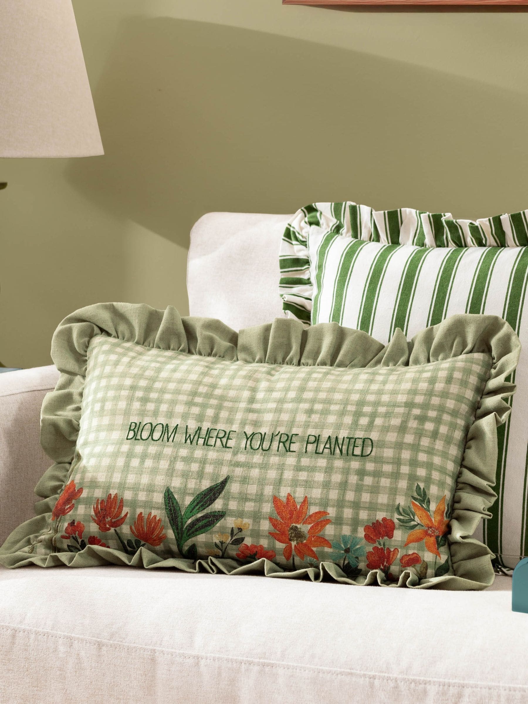 furn. Green Meadow Haze embroidered ruffle cushion 50x30cm - British product