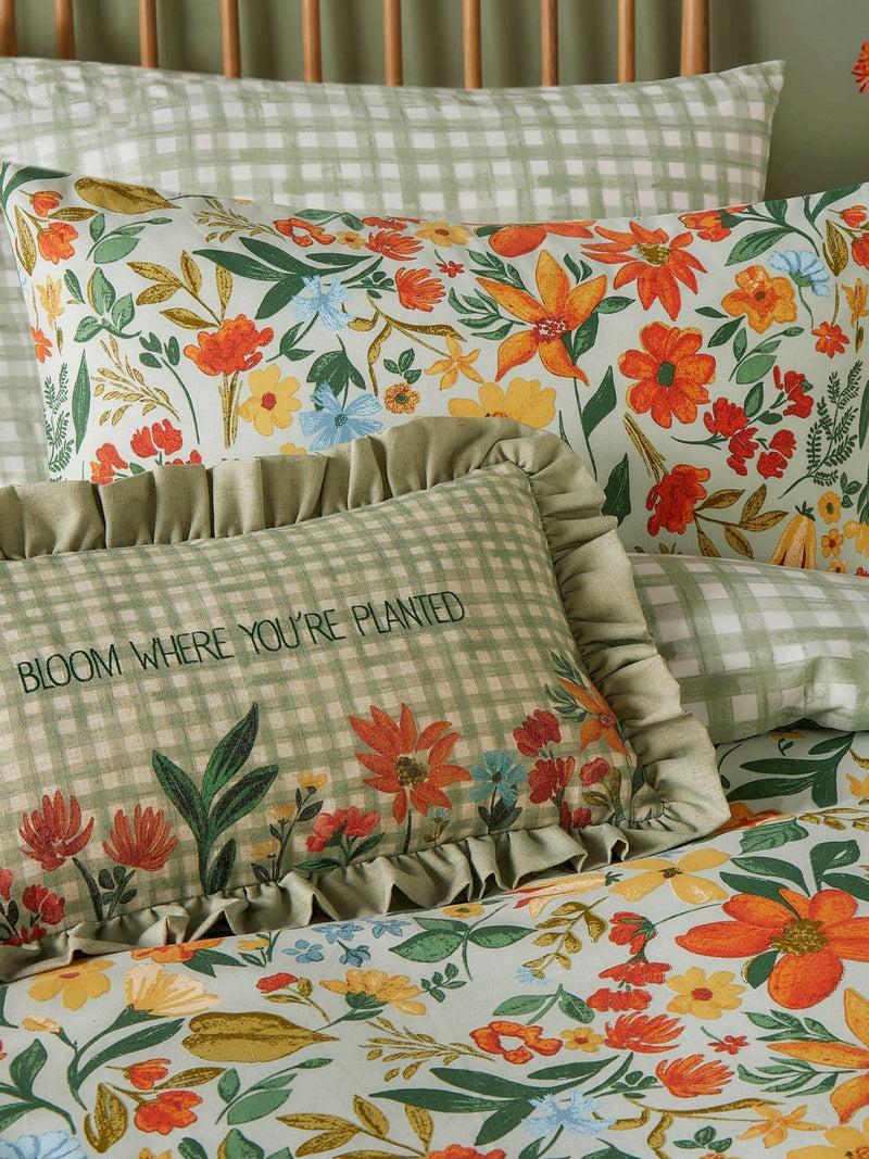 furn. Green Meadow Haze embroidered ruffle cushion 50x30cm - British product