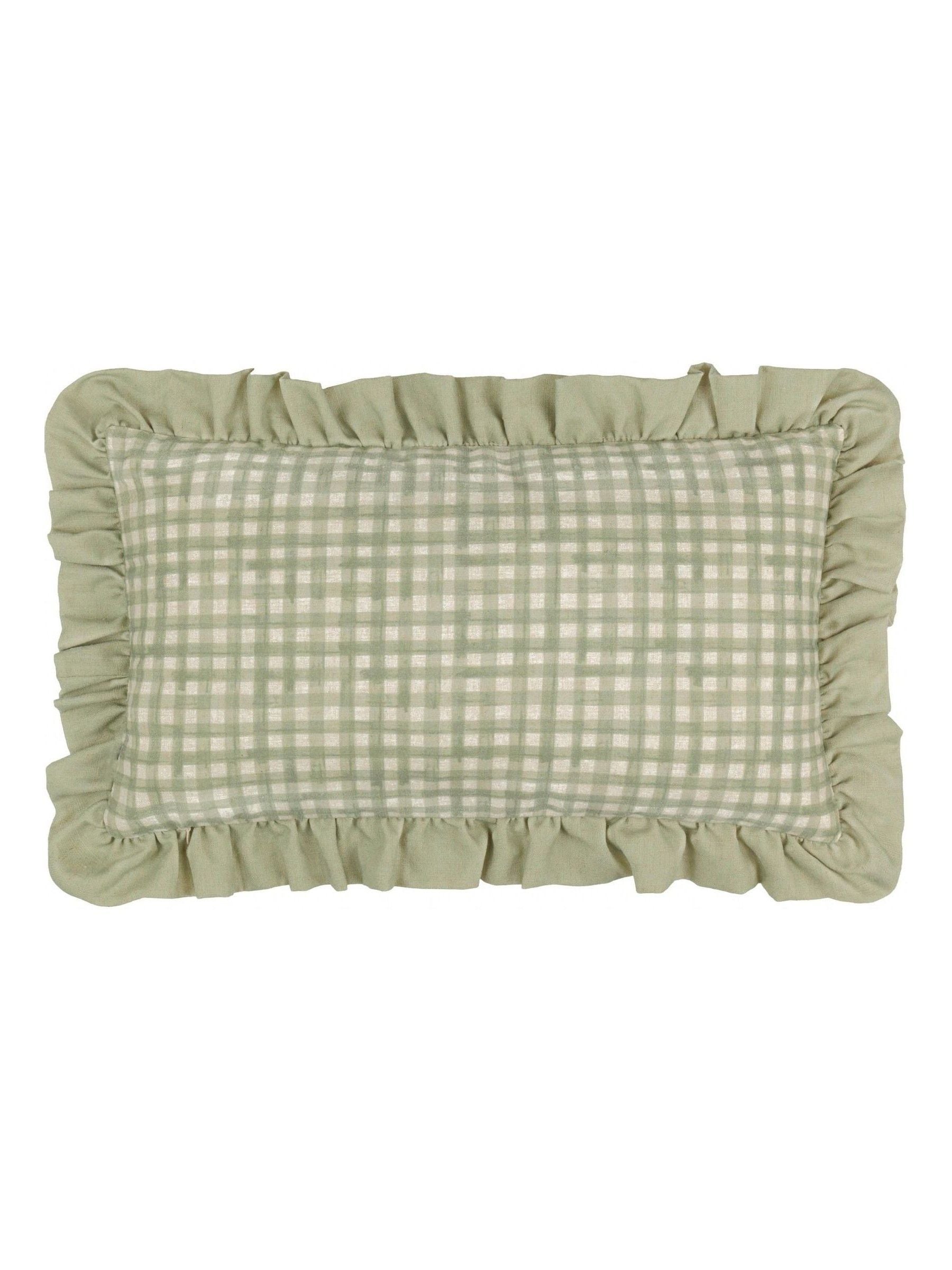 furn. Green Meadow Haze embroidered ruffle cushion 50x30cm - British product