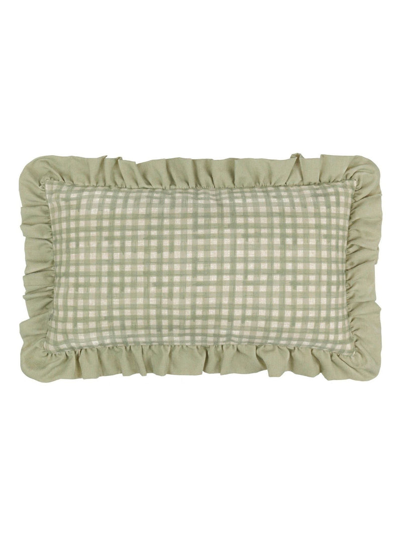 furn. Green Meadow Haze embroidered ruffle cushion 50x30cm - British product