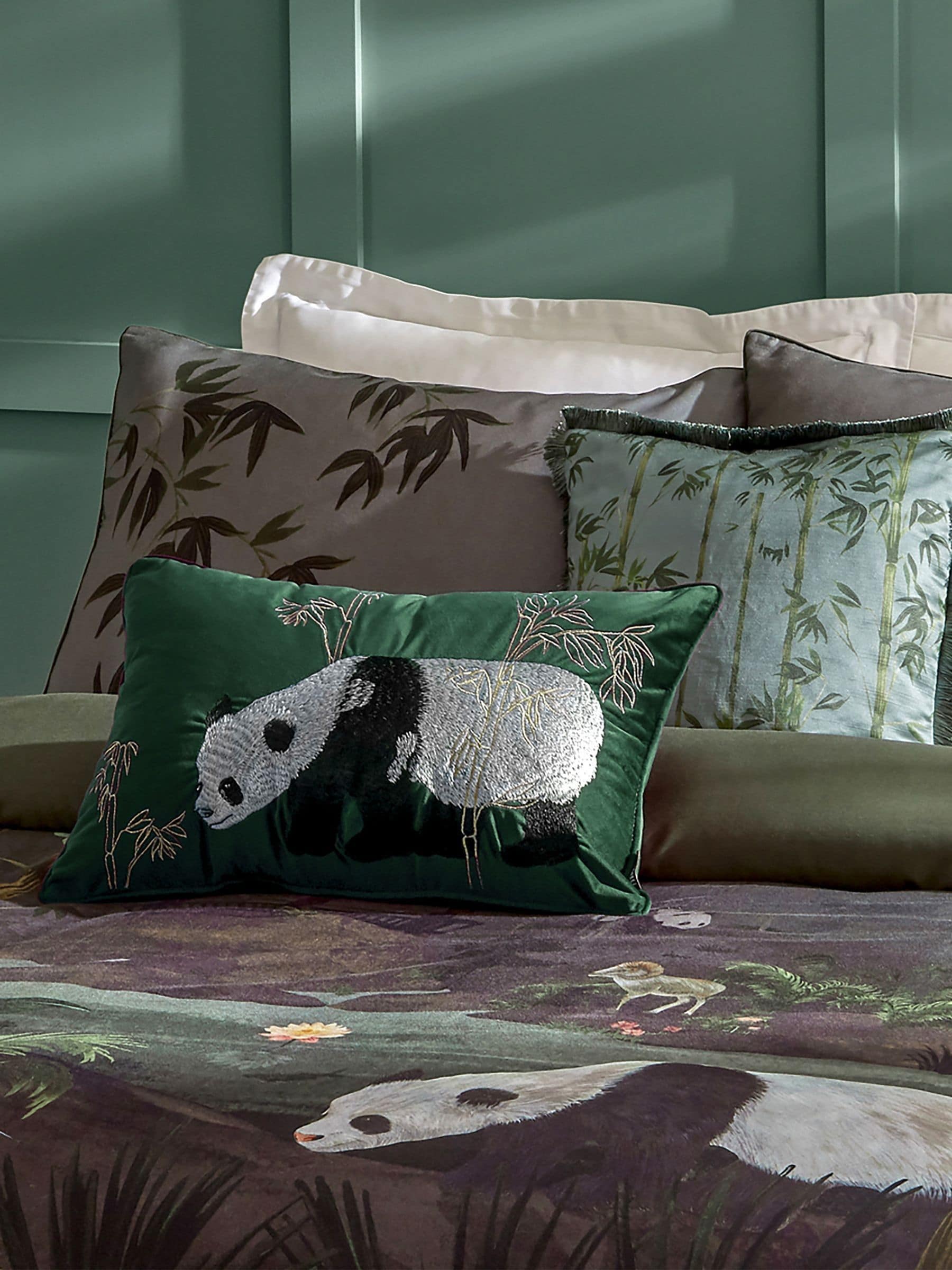 Paoletti green velvet cushion with panda embroidery - British product