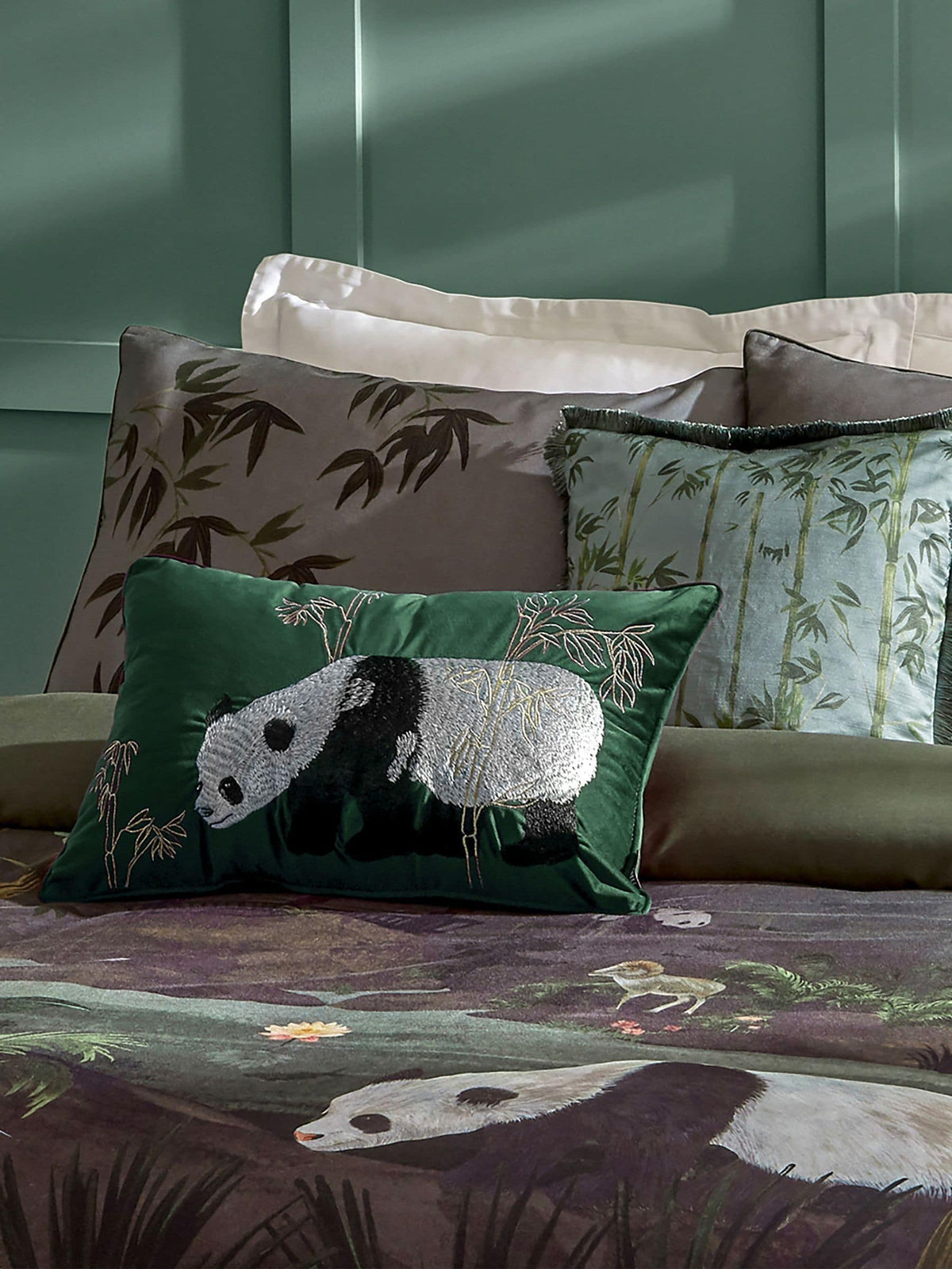 Paoletti green velvet cushion with panda embroidery - British product
