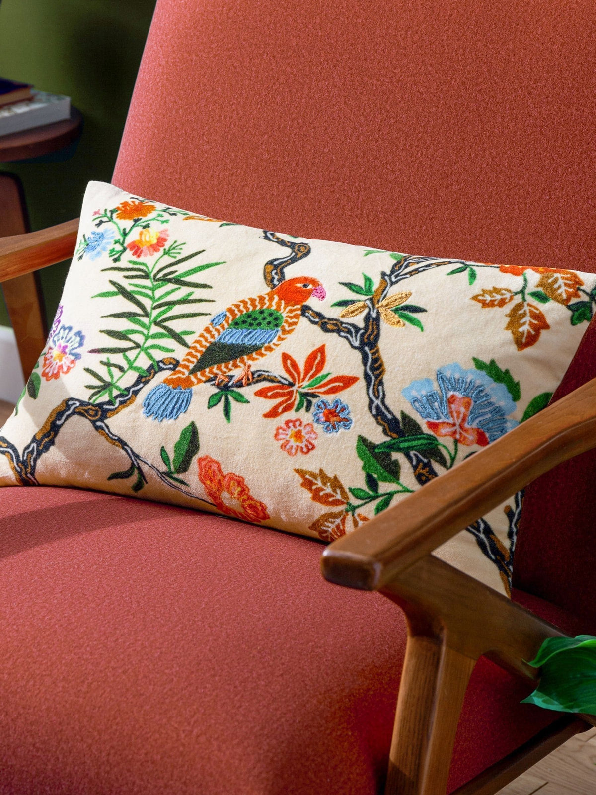Wylder embroidered cushion with bird motif, 50x50cm, imported from the UK