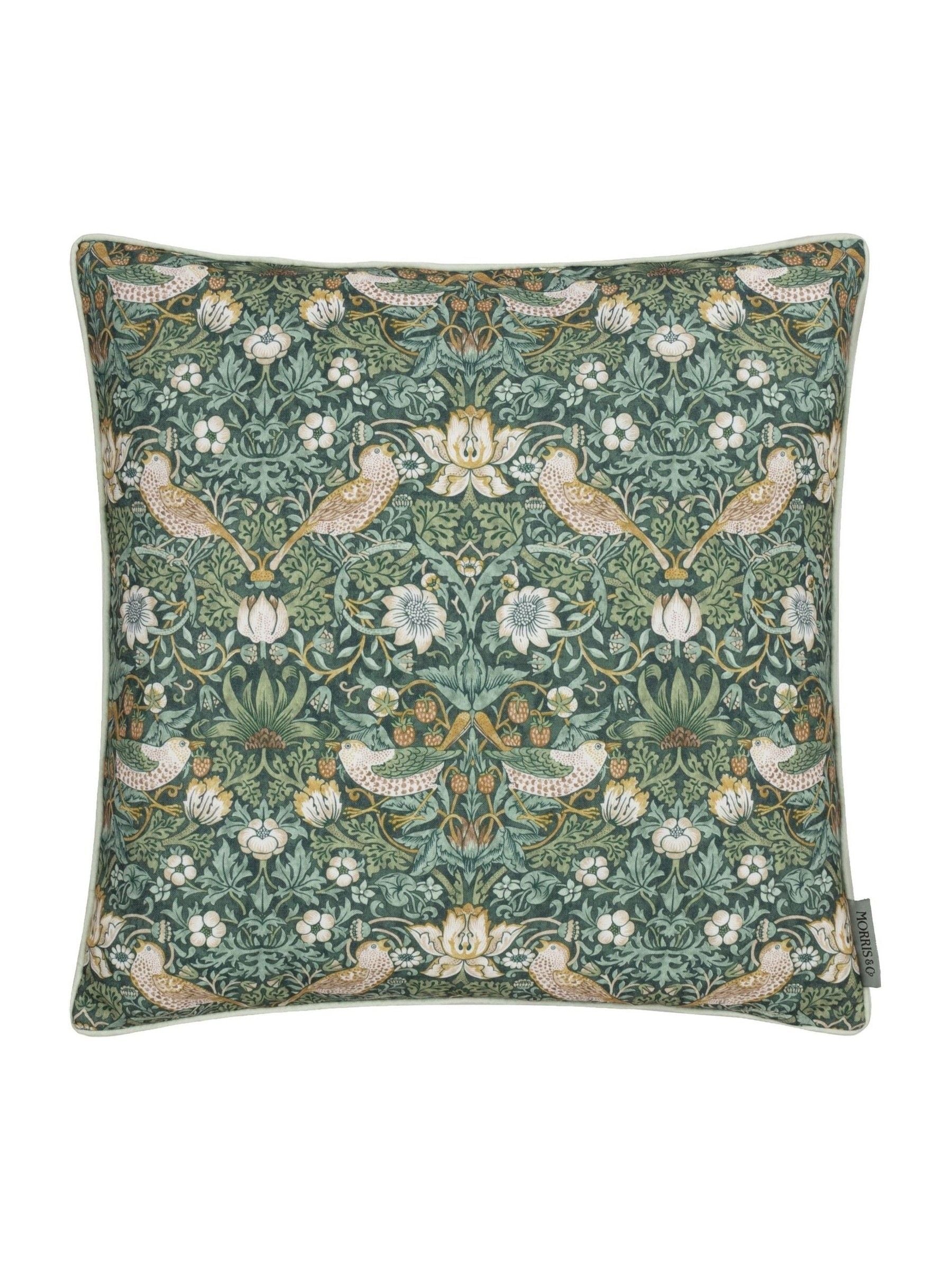 Morris & Co green Strawberry Thief piped outdoor cushion, imported from the UK