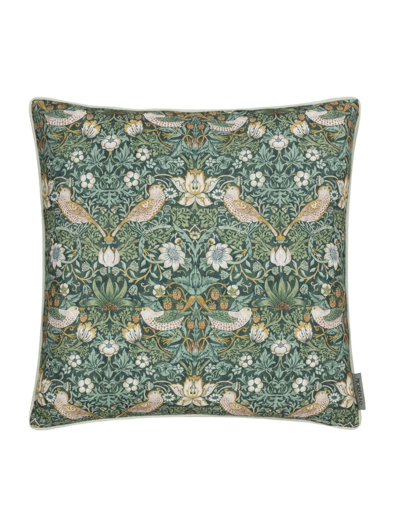 Morris & Co green Strawberry Thief piped outdoor cushion, imported from the UK