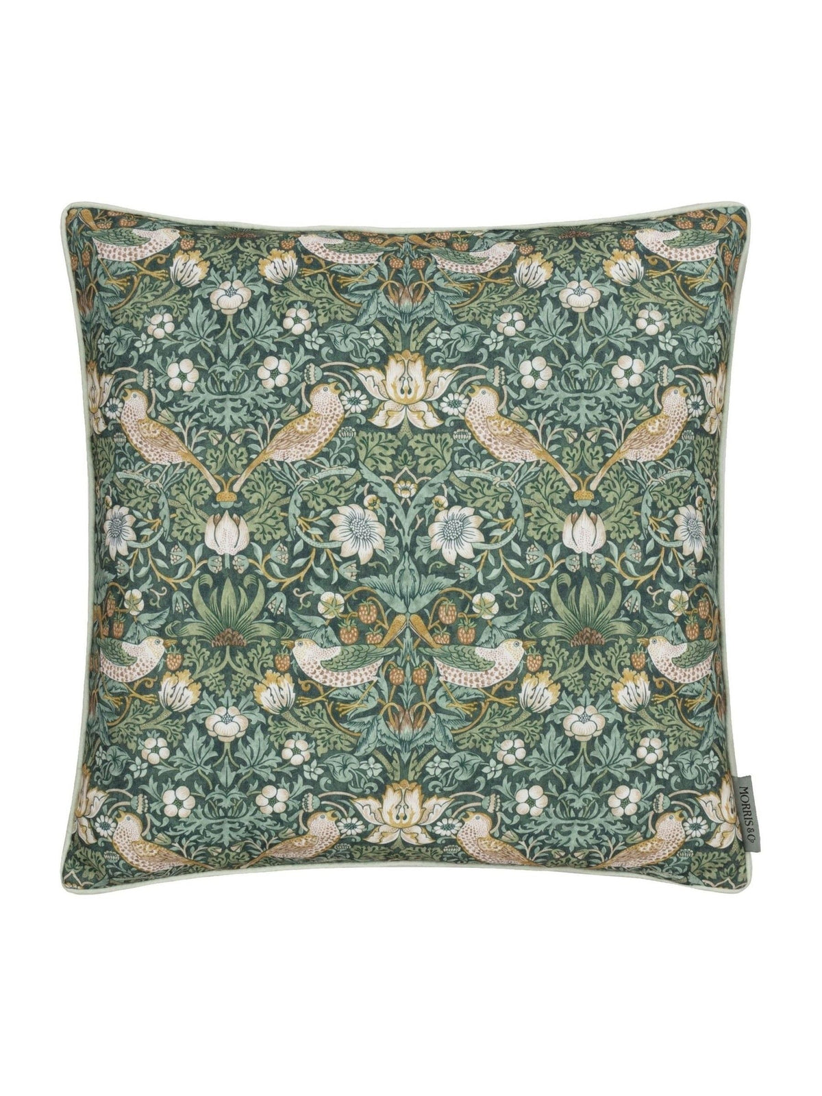 Morris & Co green Strawberry Thief piped outdoor cushion, imported from the UK