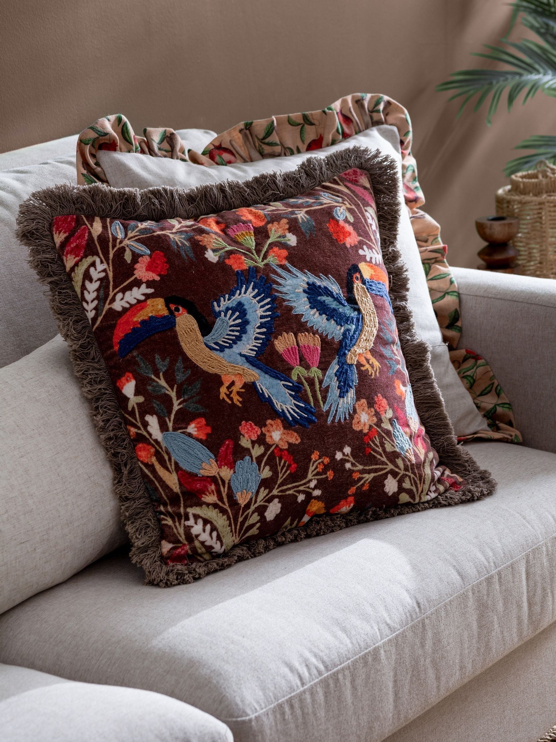 Wylder Multicolour Mirrored Toucan cushion 45cm, imported from the UK