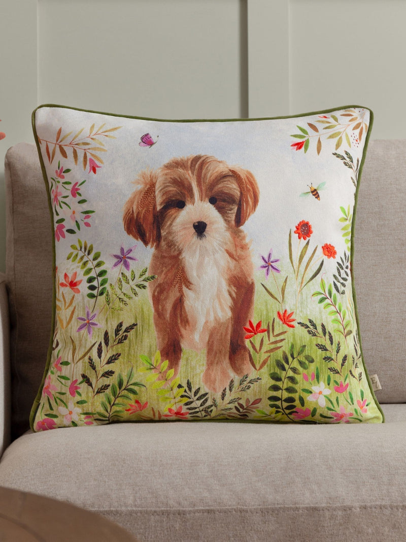 Evans Lichfield Daisy Hill Charlie Cockapoo printed cushion, imported from the UK
