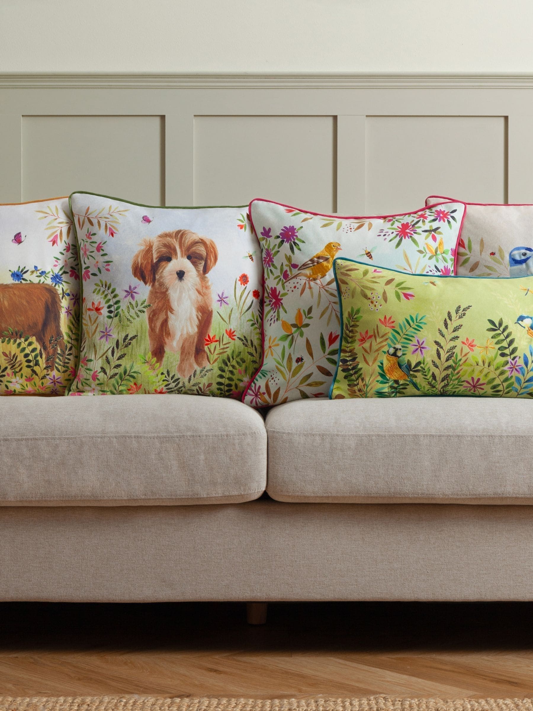 Evans Lichfield Daisy Hill Charlie Cockapoo printed cushion, imported from the UK