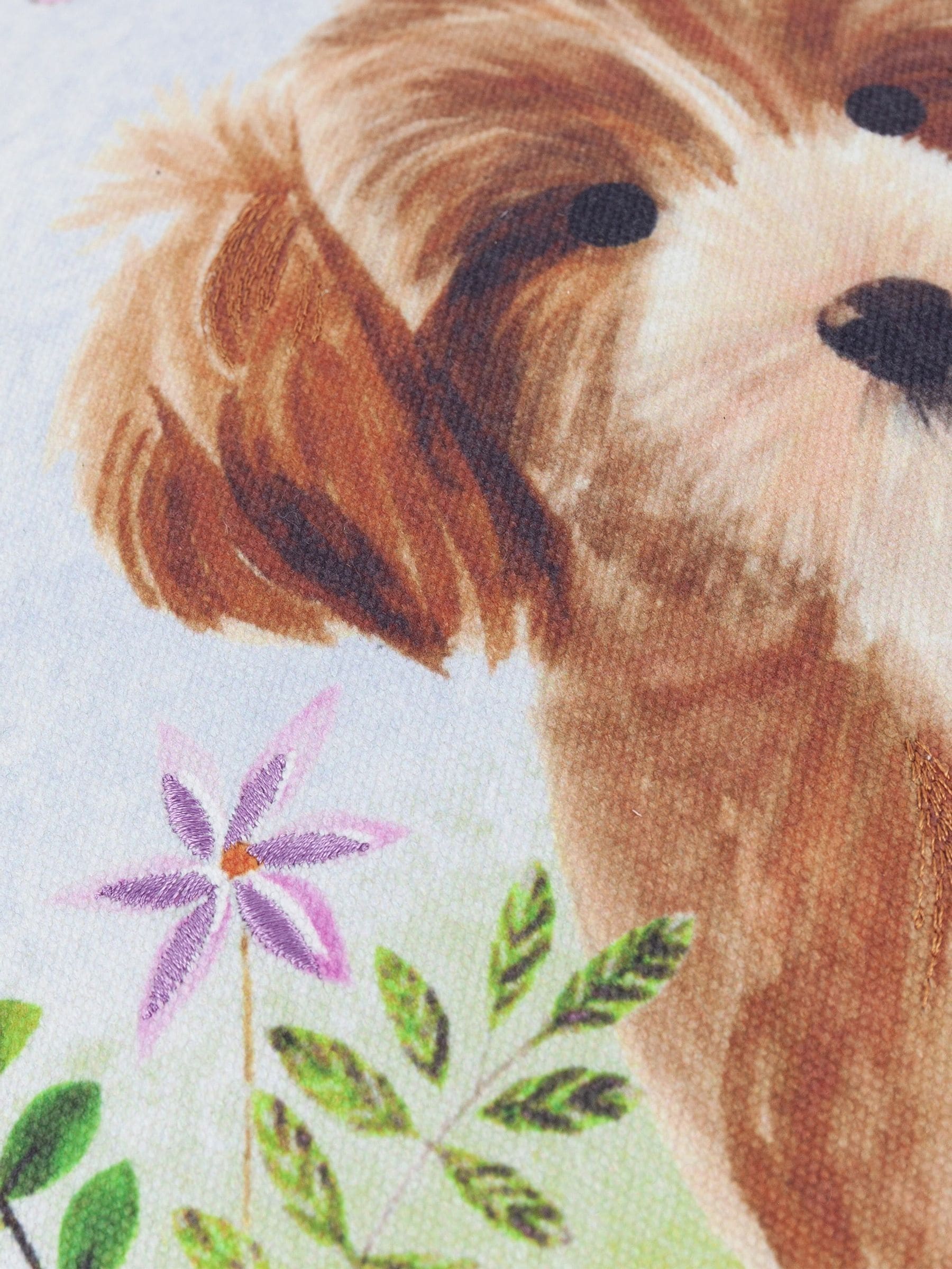 Evans Lichfield Daisy Hill Charlie Cockapoo printed cushion, imported from the UK
