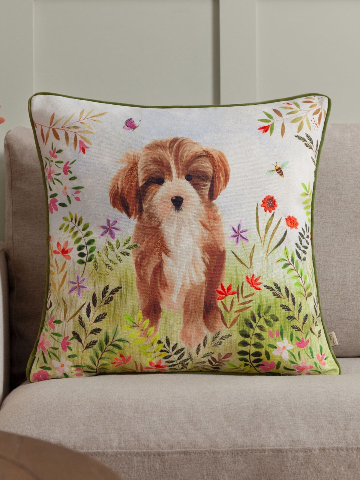 Evans Lichfield Daisy Hill Charlie Cockapoo printed cushion, imported from the UK