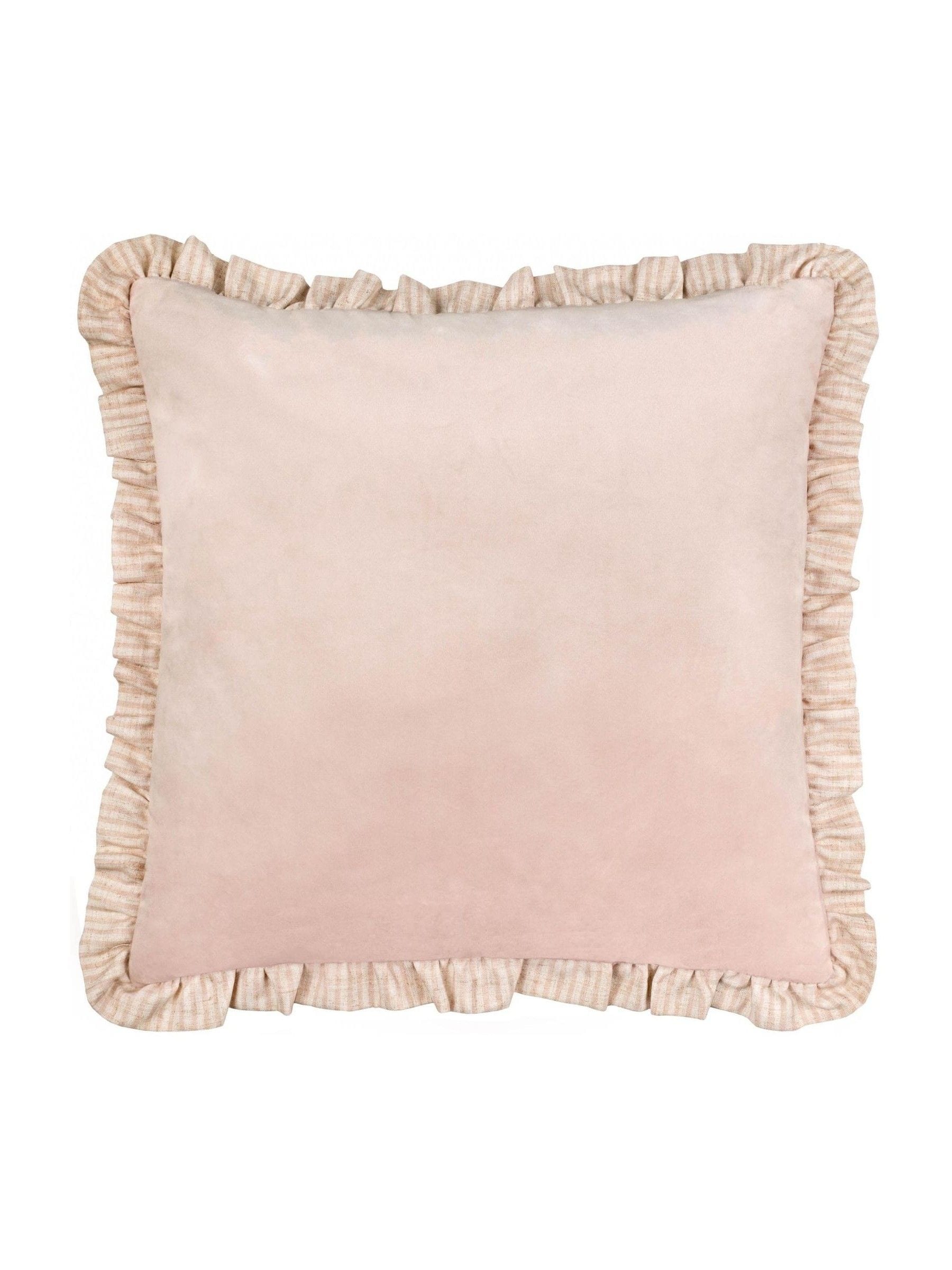 Wylder Solene pink velvet cushion with ruffle trim (British brand)