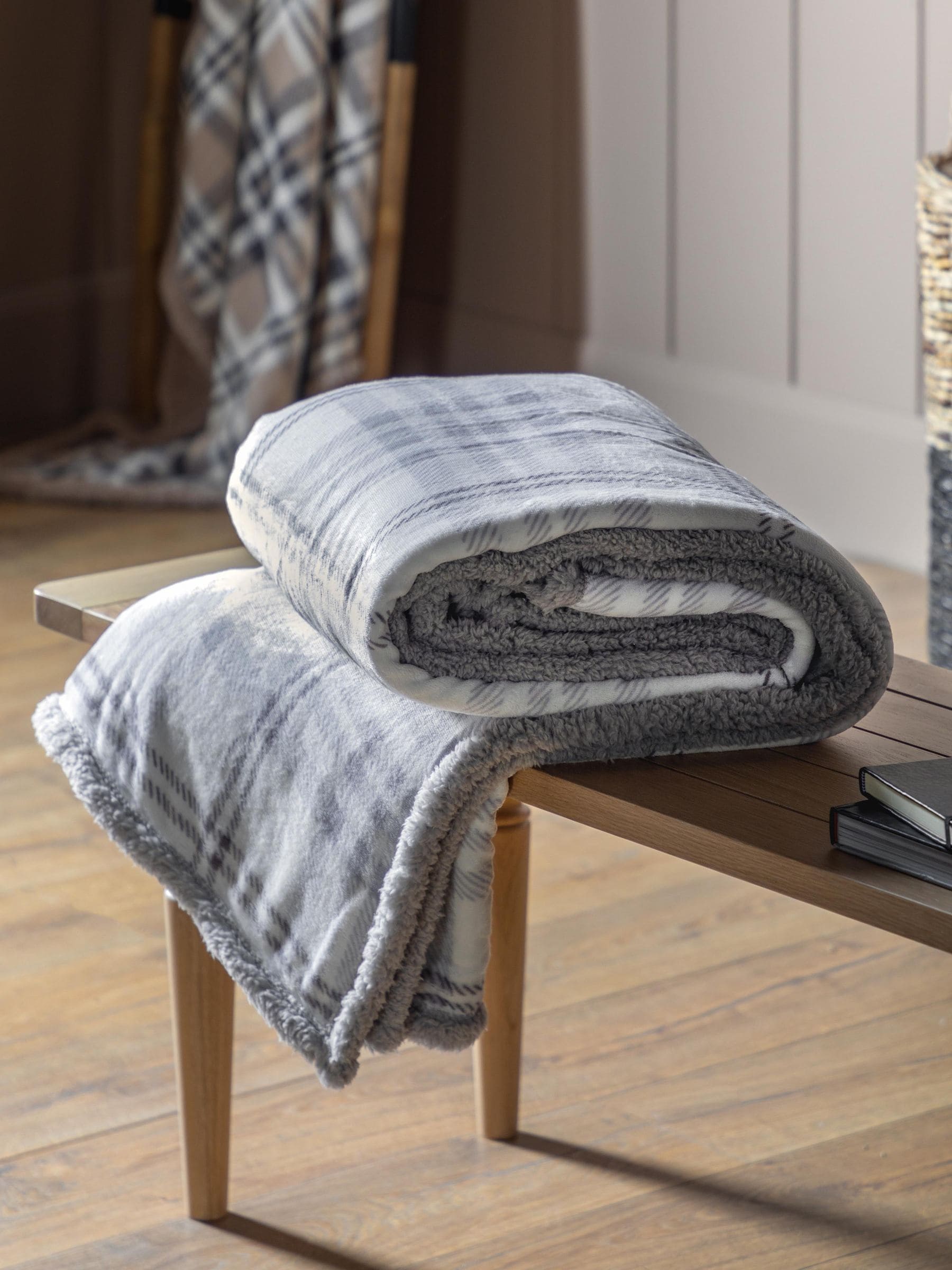 Gallery Home grey tartan sherpa throw blanket, UK version