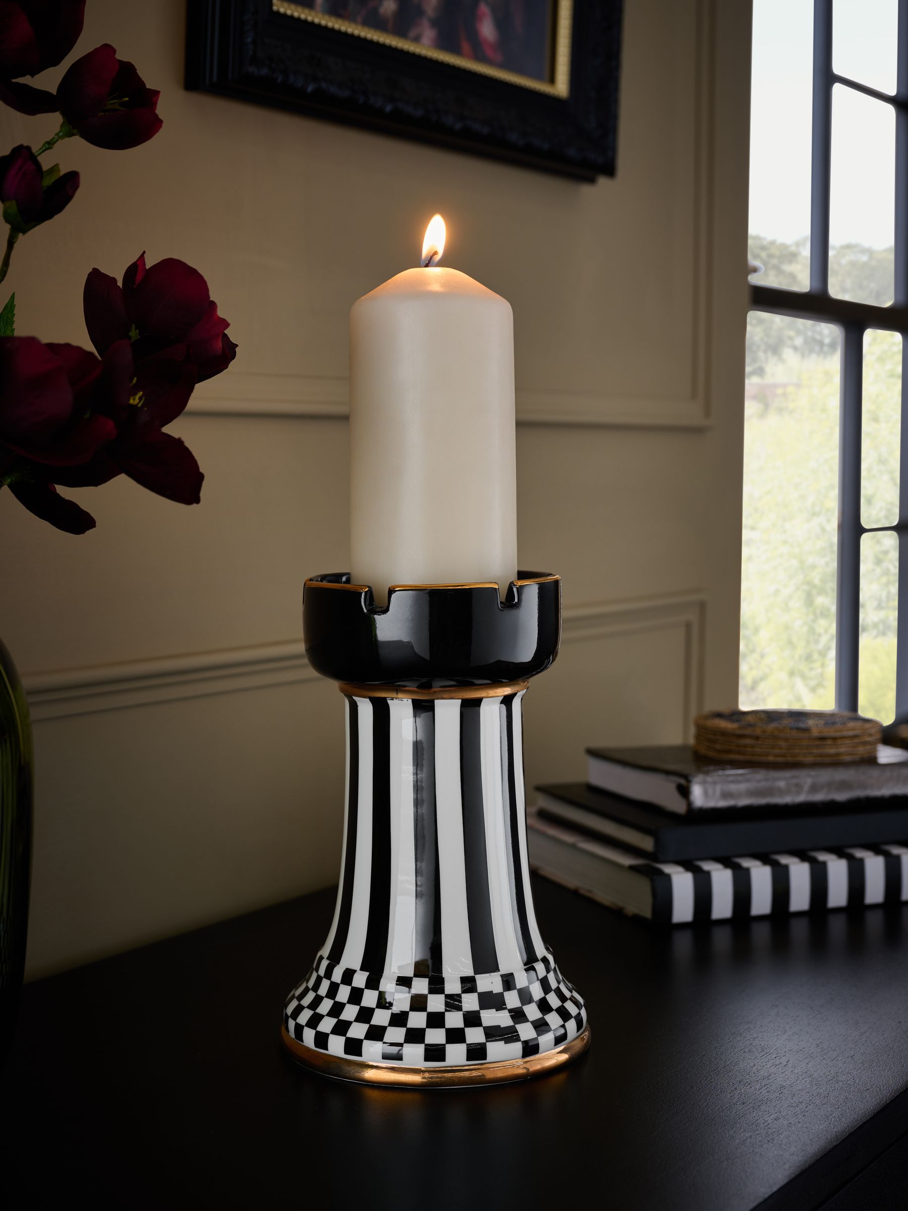 Black and white check ceramic pillar candle holder 19cm - British product