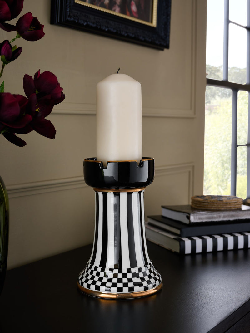 Black and white check ceramic pillar candle holder 19cm - British product