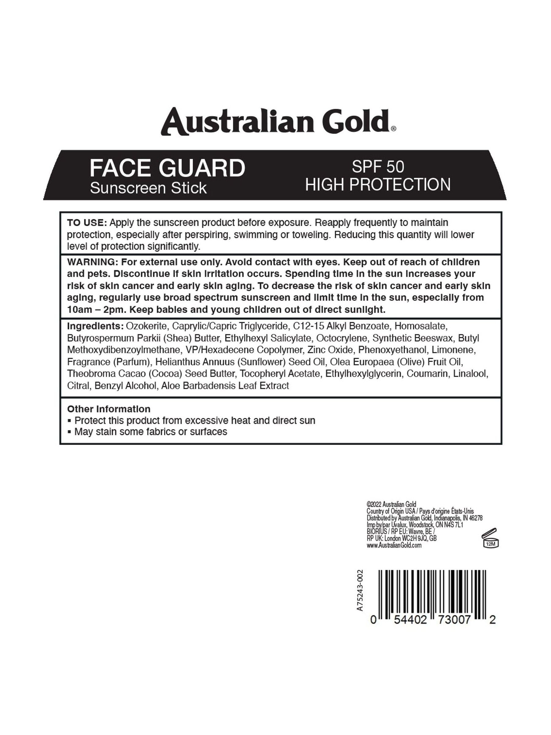 Australian Gold SPF 50 face guard suncream stick - British product