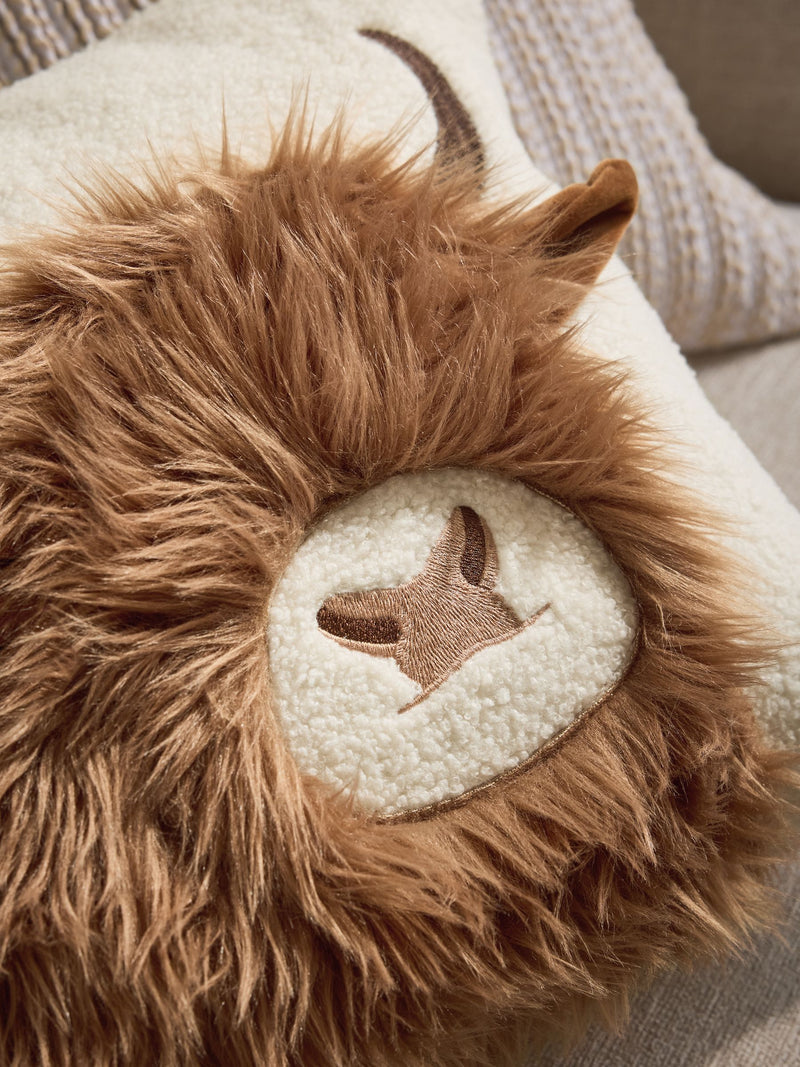 Faux fur Hamish the Highland Cow cushion 43cm, UK version