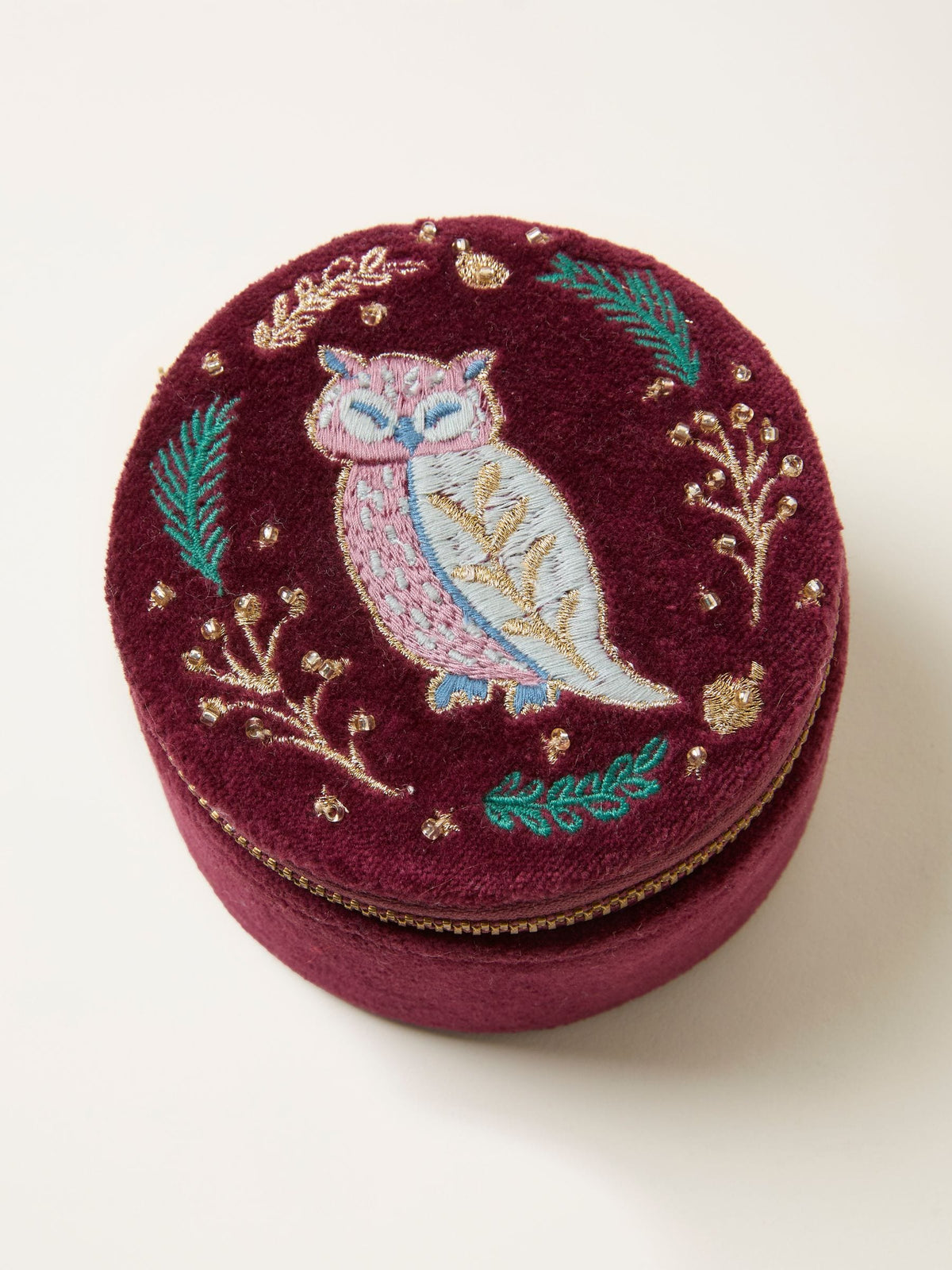 Burgundy Red Owl Embroidered Travel Jewellery Box 100% Cotton