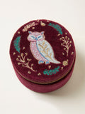 FatFace Burgundy Red Owl Embroidered Travel Jewellery Box