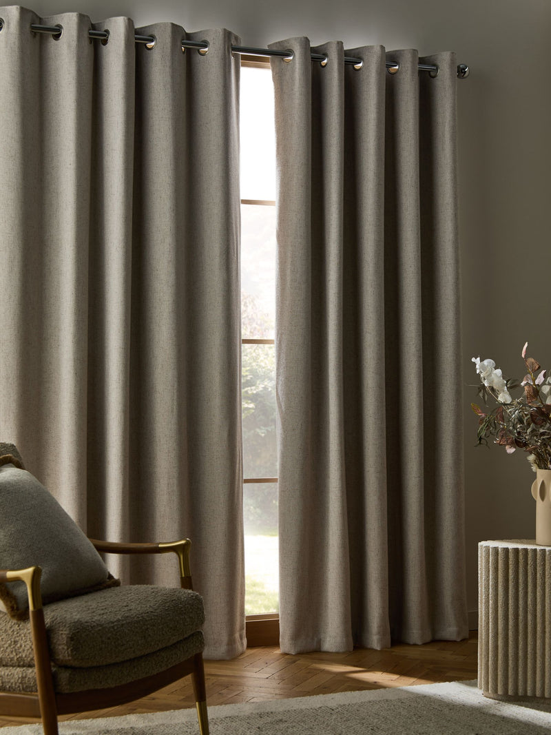 Thermal blackout eyelet curtains in natural linen blend, imported from the UK