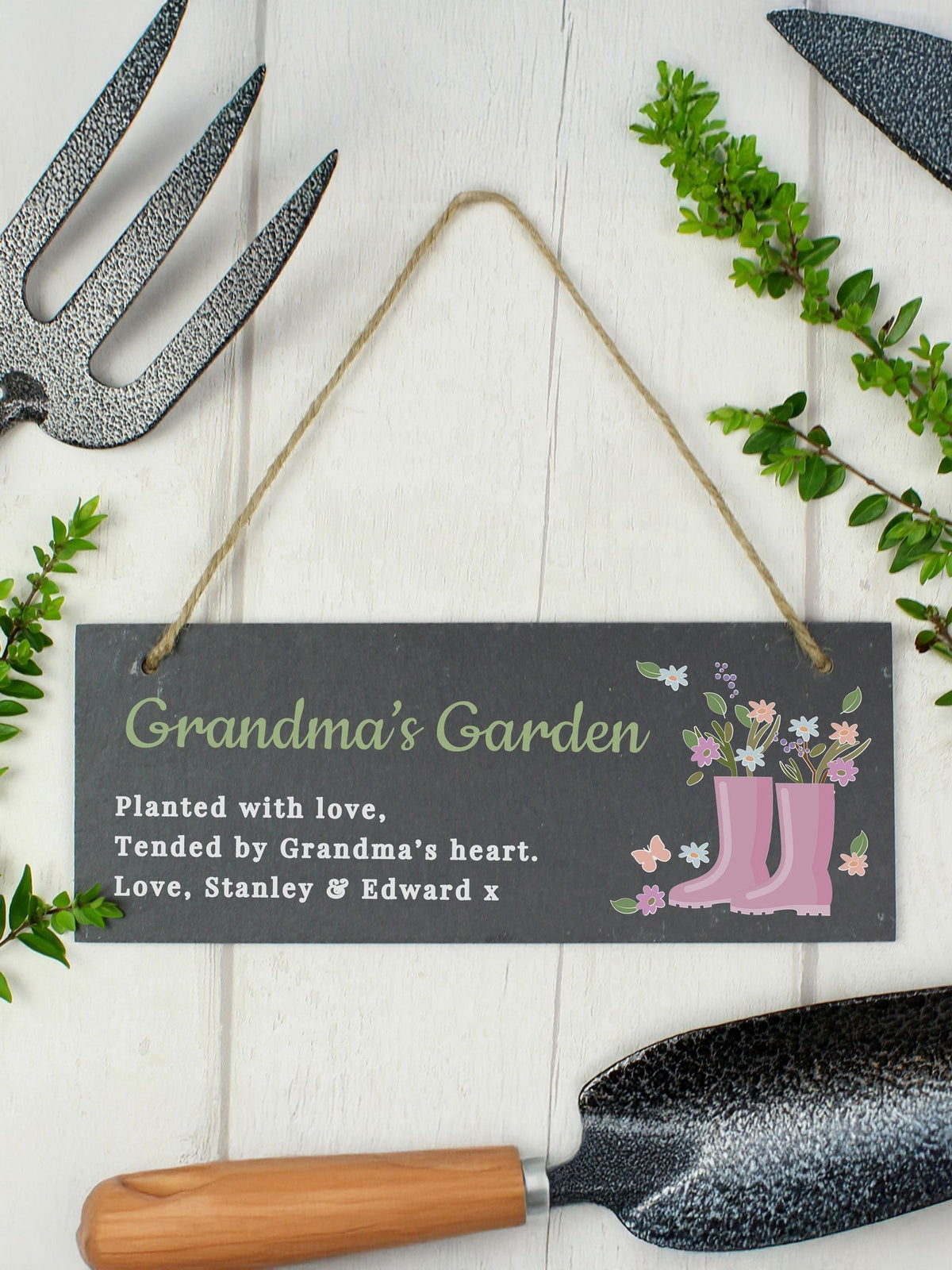PMC personalised slate sign with wellie design 25cm, imported from the UK