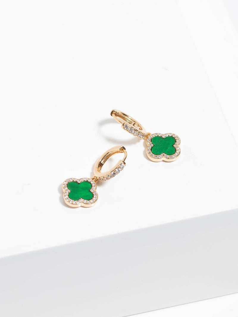 Gold Plated Malachite Clover Earrings with Post and Catch Fastening, 25mm x 12mm