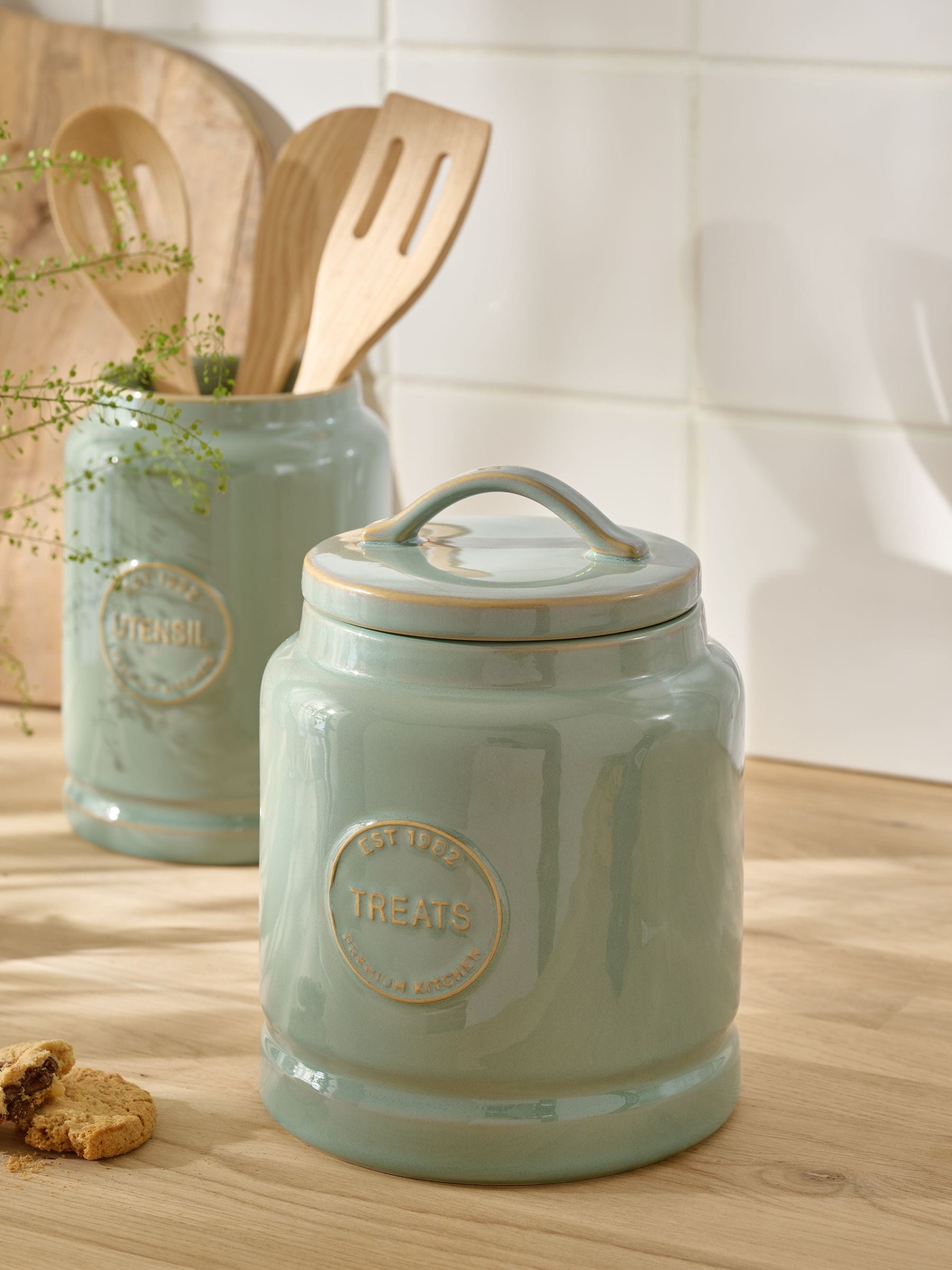 Sage green country badge treat storage jar (British brand)