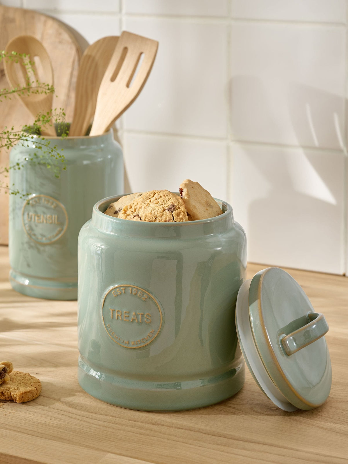 Sage green country badge treat storage jar (British brand)