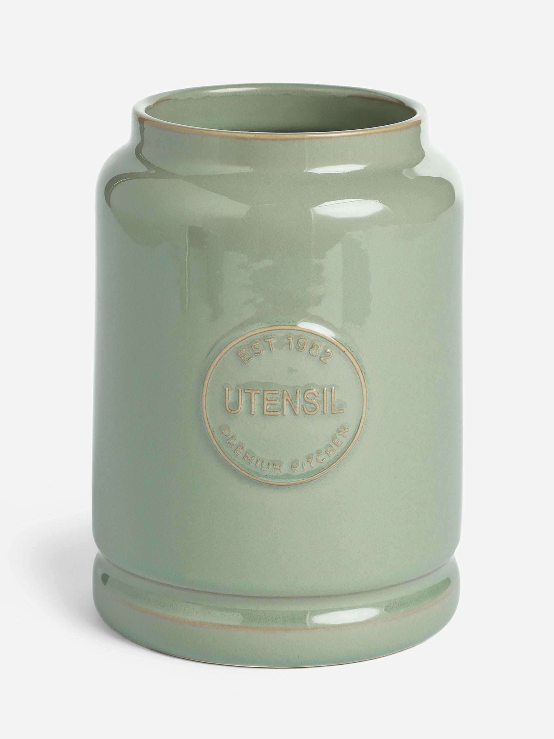 Sage green country badge ceramic utensil pot (British brand)