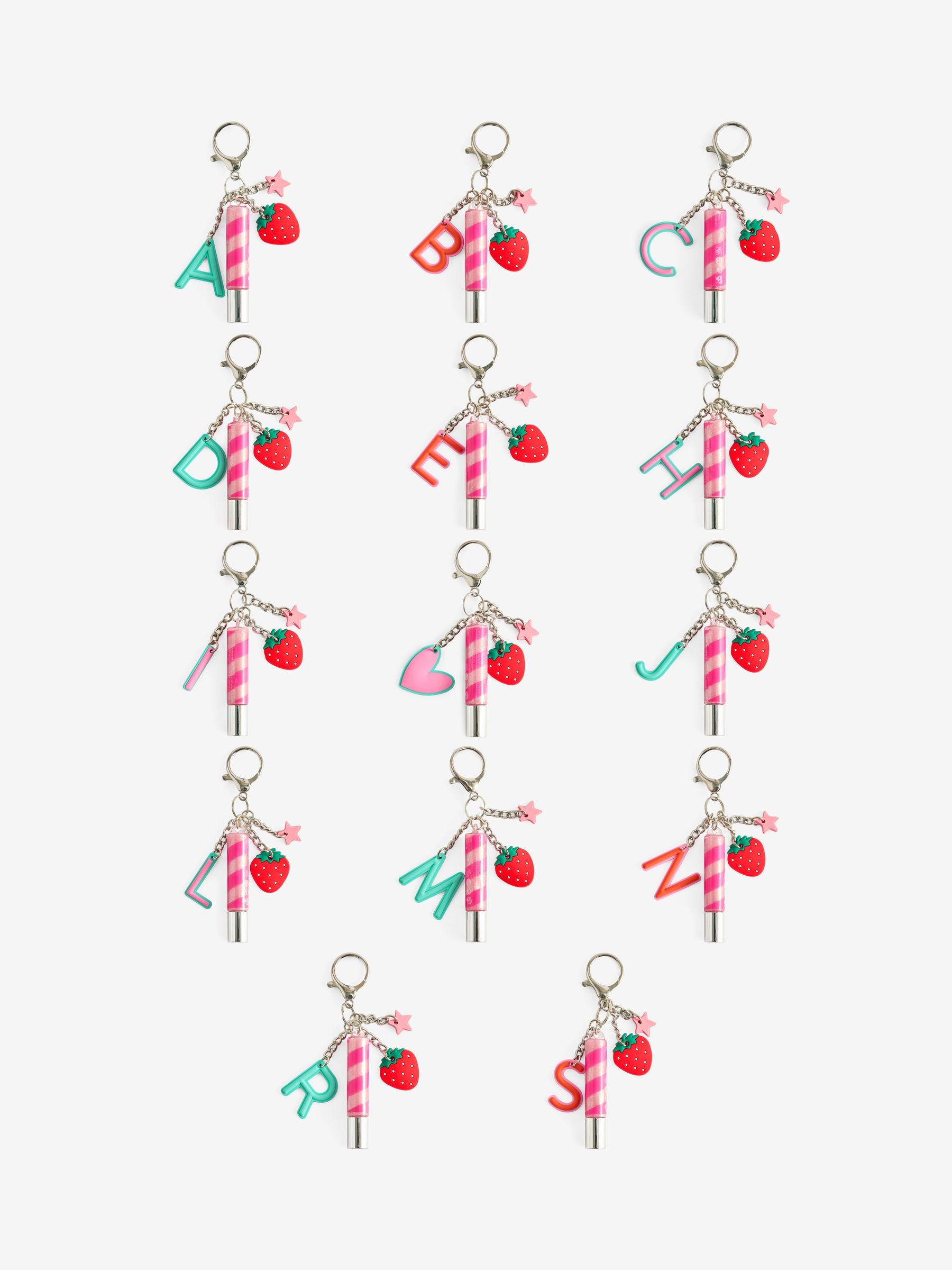 Bag charm keyring with strawberry star charms and lip gloss (British brand)