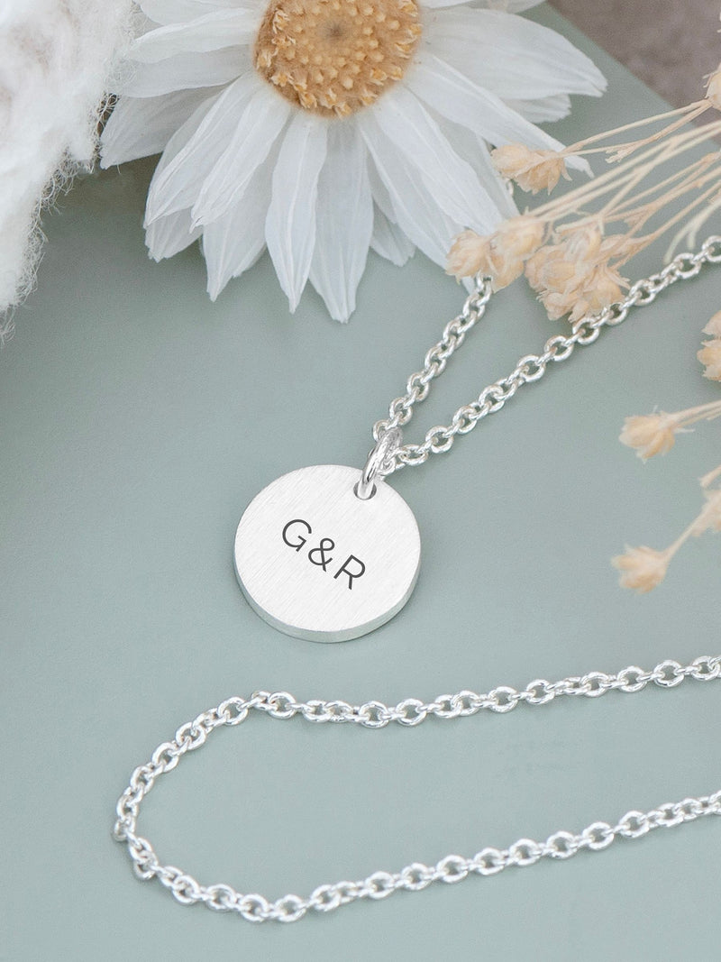 Silver Round Tag Necklace with Personalised Monogram and Adjustable Chain