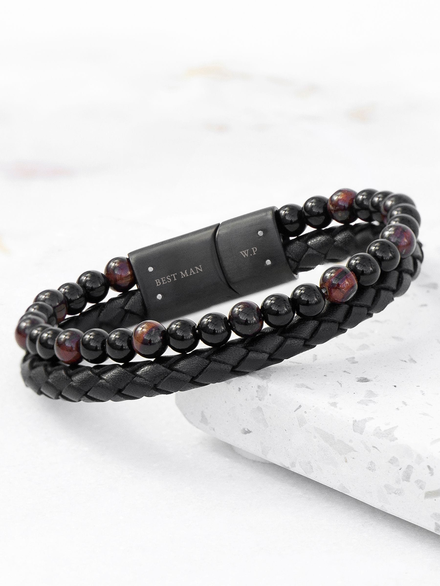 Treat Republic men's personalised Tiger's Eye bead and leather bracelet (British brand)