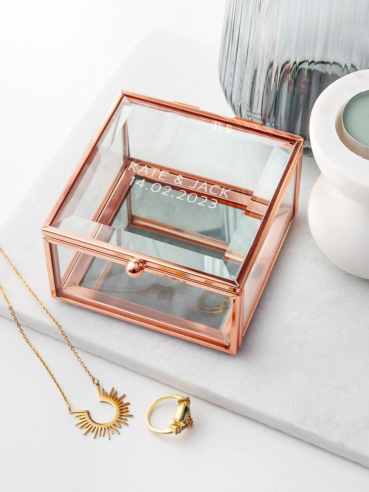 Personalised Rose Gold Glass Trinket Box with Mirrored Bottom 9x9x5cm