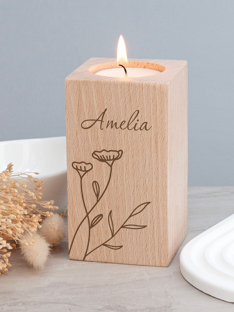 Treat Republic personalised floral wooden tealight holder, UK version