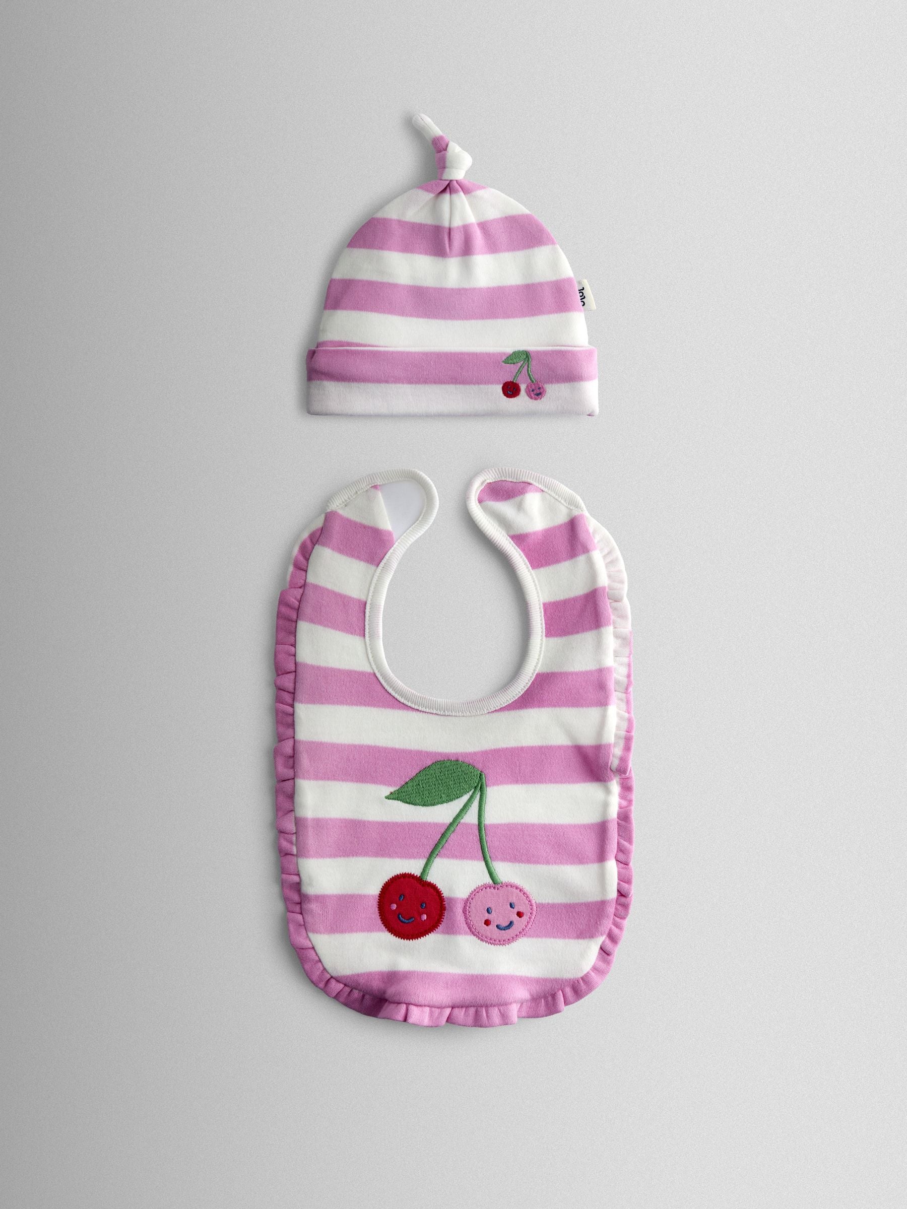 JoJo Maman Bébé cherry stripe hat and bib set, UK version
