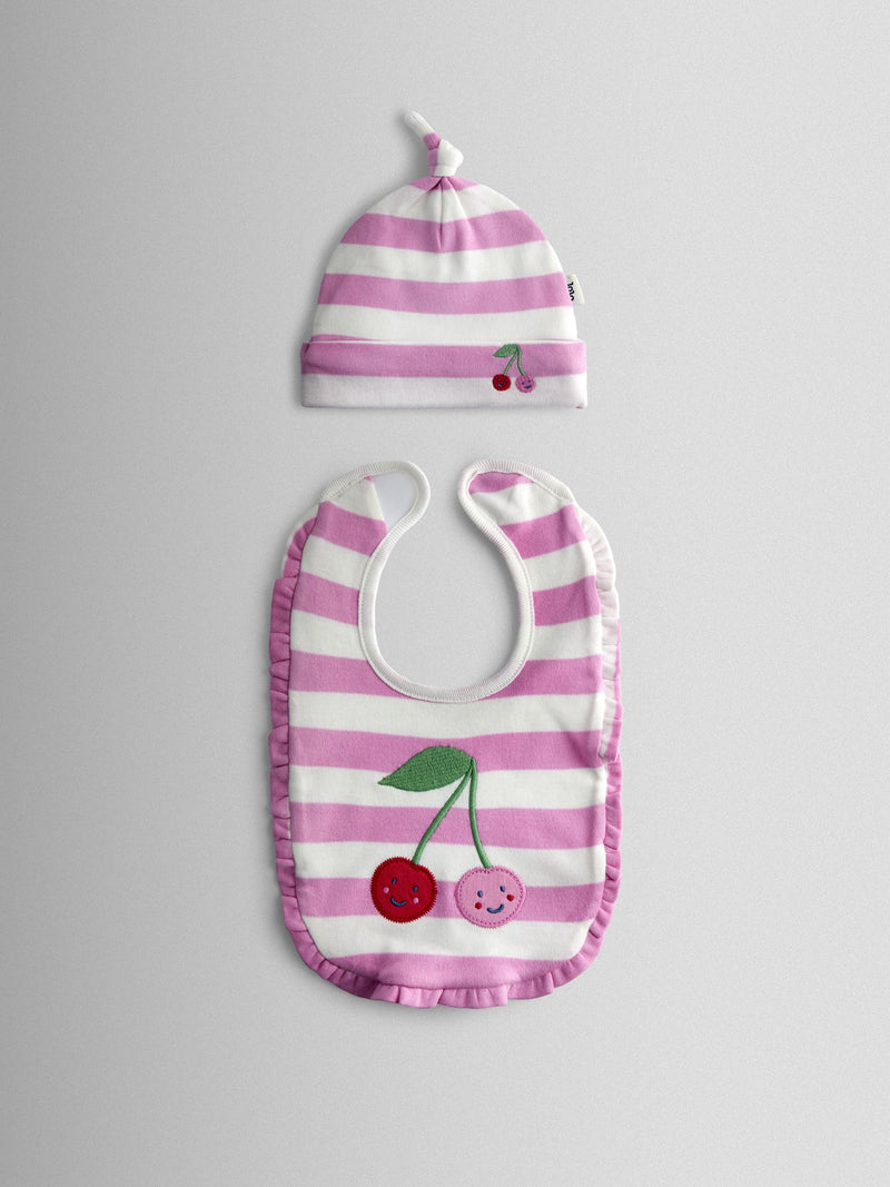 JoJo Maman Bébé cherry stripe hat and bib set, UK version