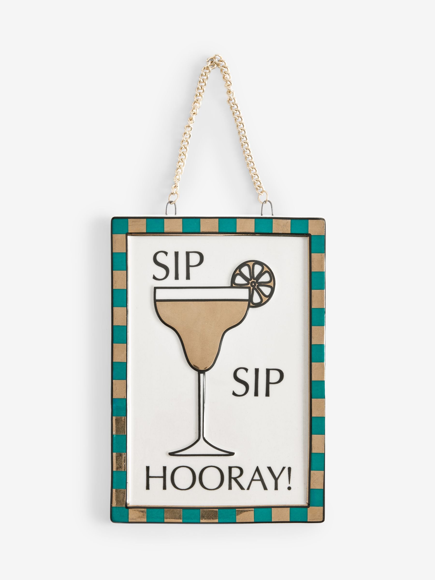 Gold ceramic Sip Sip Hooray hanging decoration (British brand)