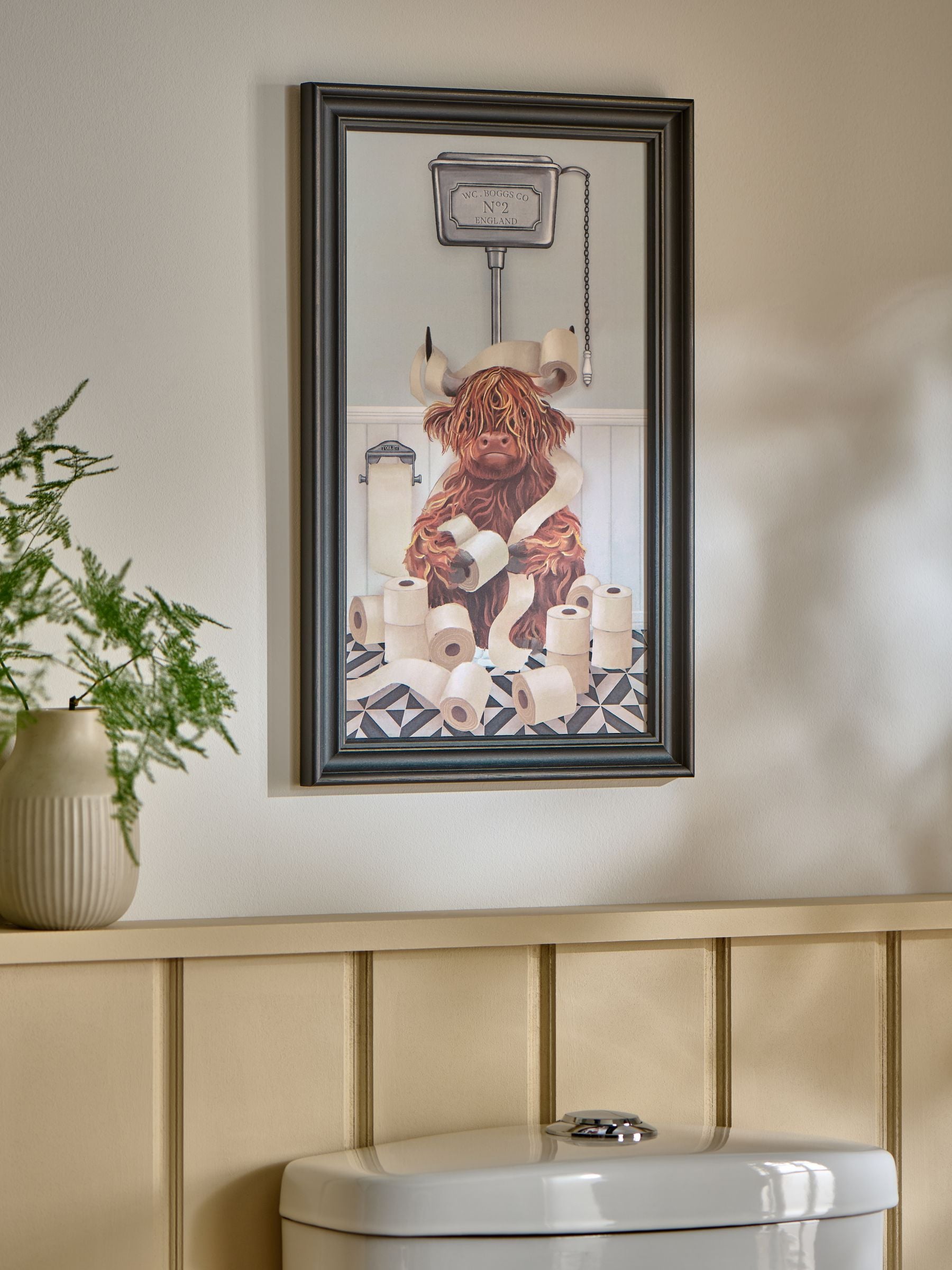 Hamish The Highland Cow On The Loo wall art 40cm x 23cm, imported from the UK