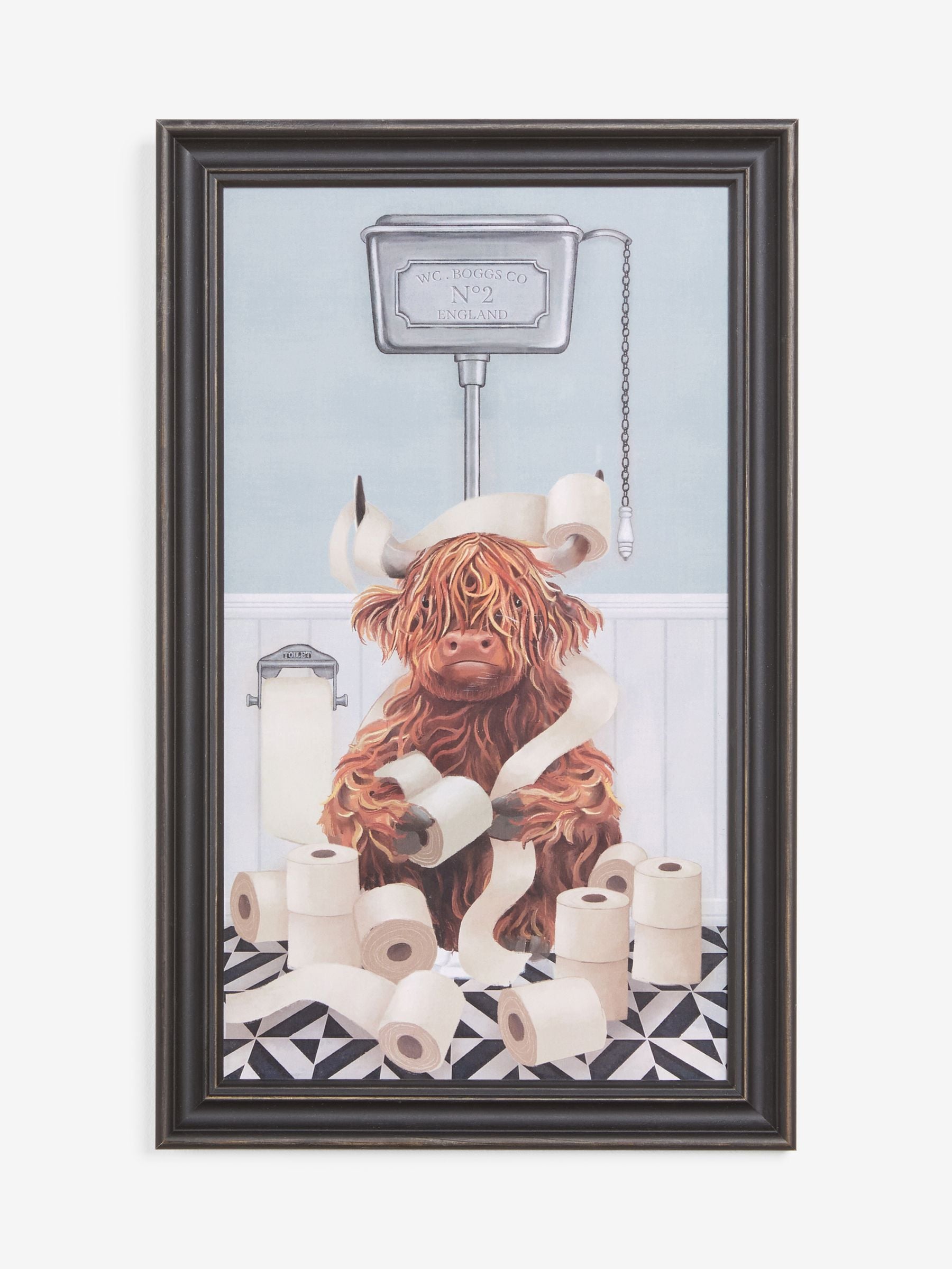 Hamish The Highland Cow On The Loo wall art 40cm x 23cm, imported from the UK