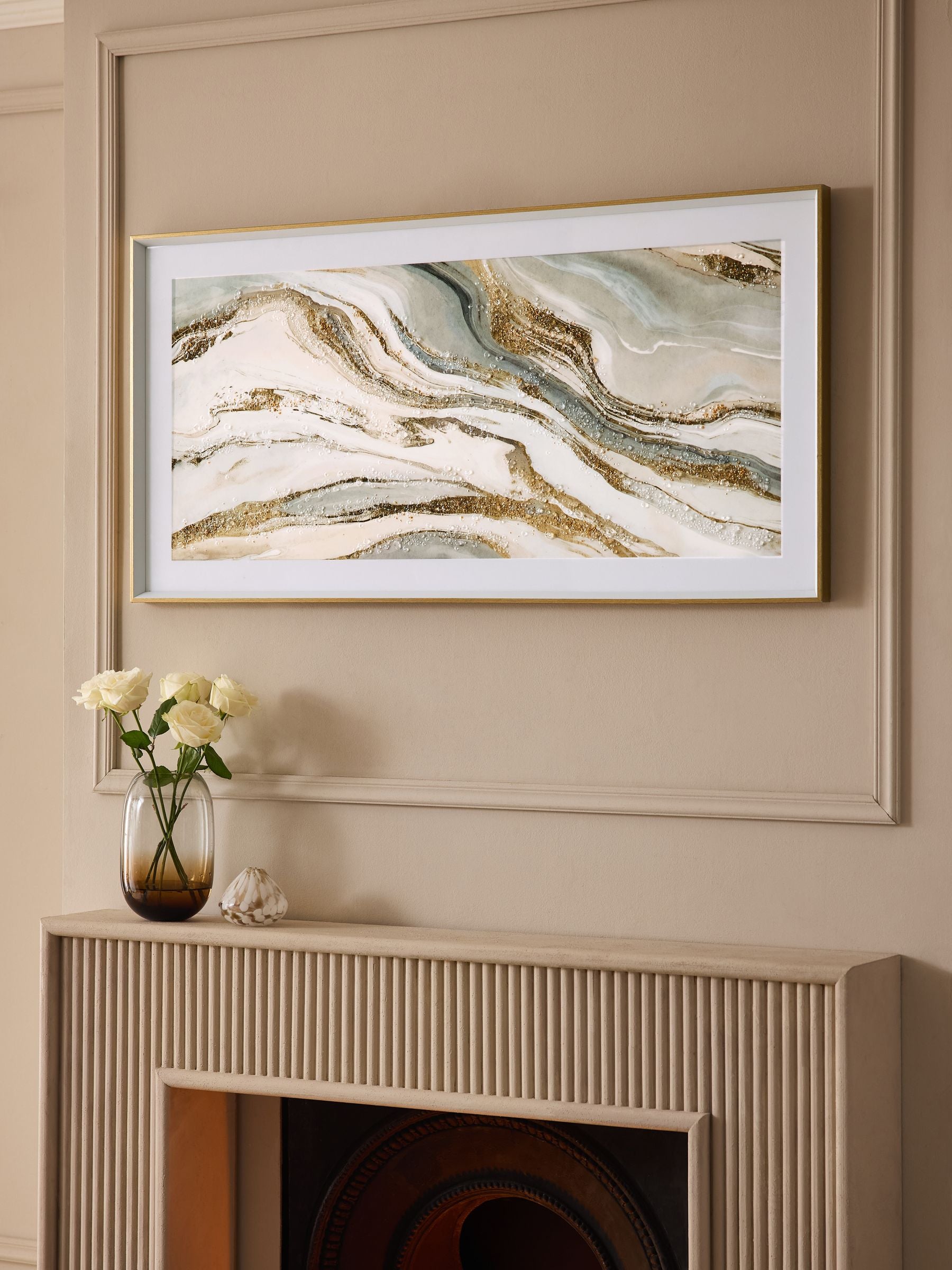 Gold agate wall art in white gloss frame, 60x120cm - British product