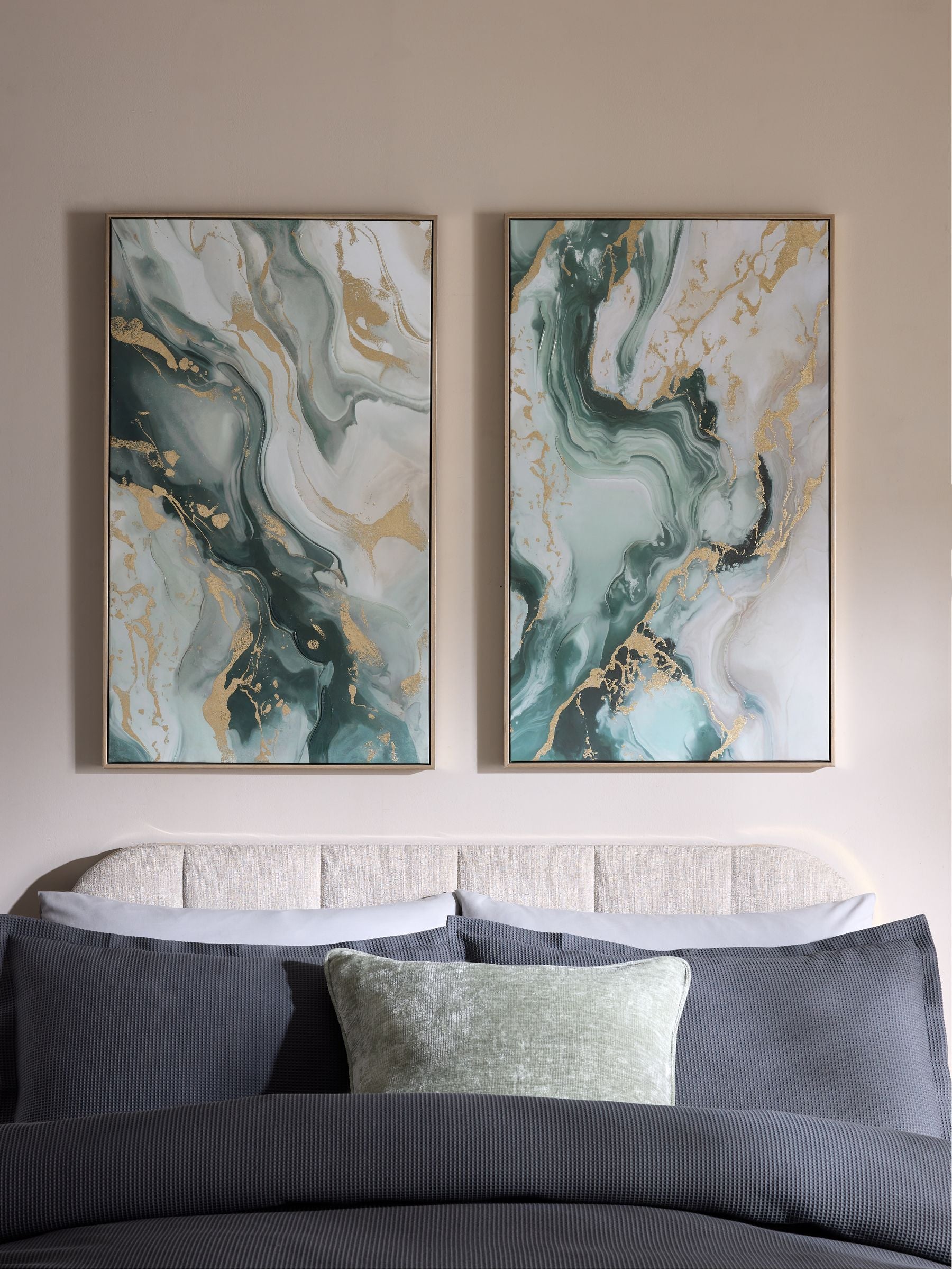 Green marbled abstract wall art set of 2 - British product