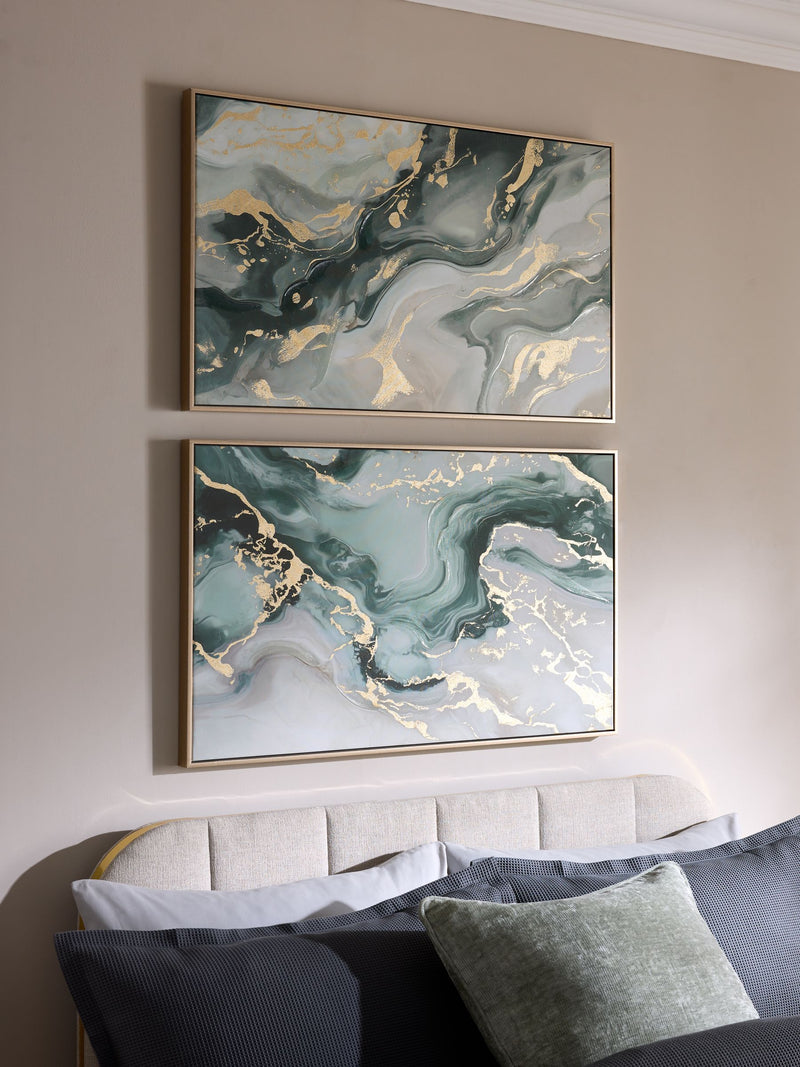 Green marbled abstract wall art set of 2 - British product
