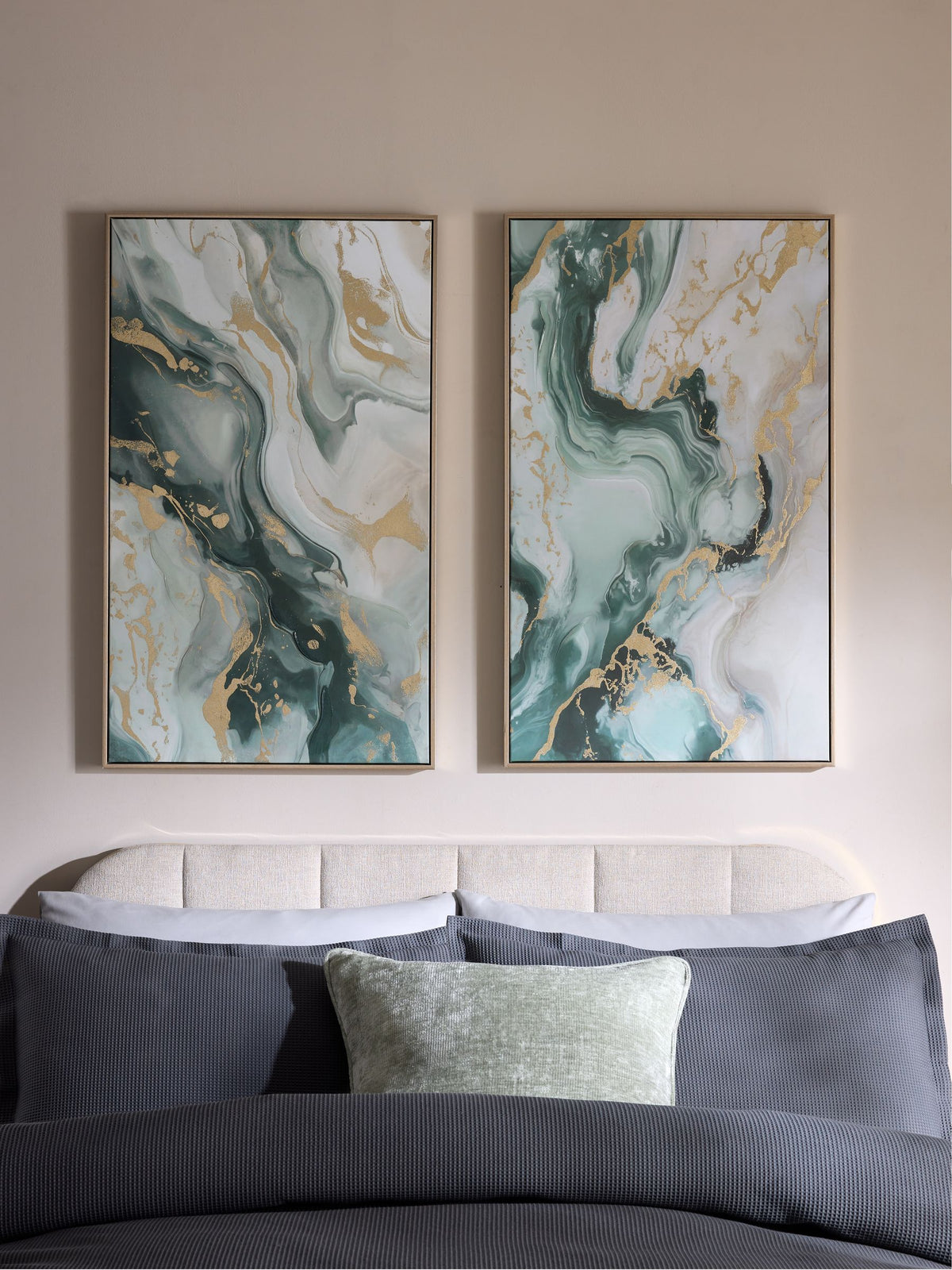 Green marbled abstract wall art set of 2 - British product