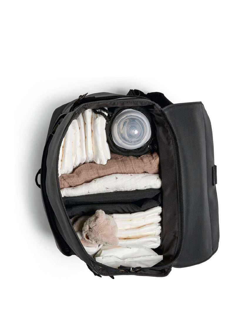 Mamas & Papas black utilitarian changing backpack in leatherette, imported from the UK