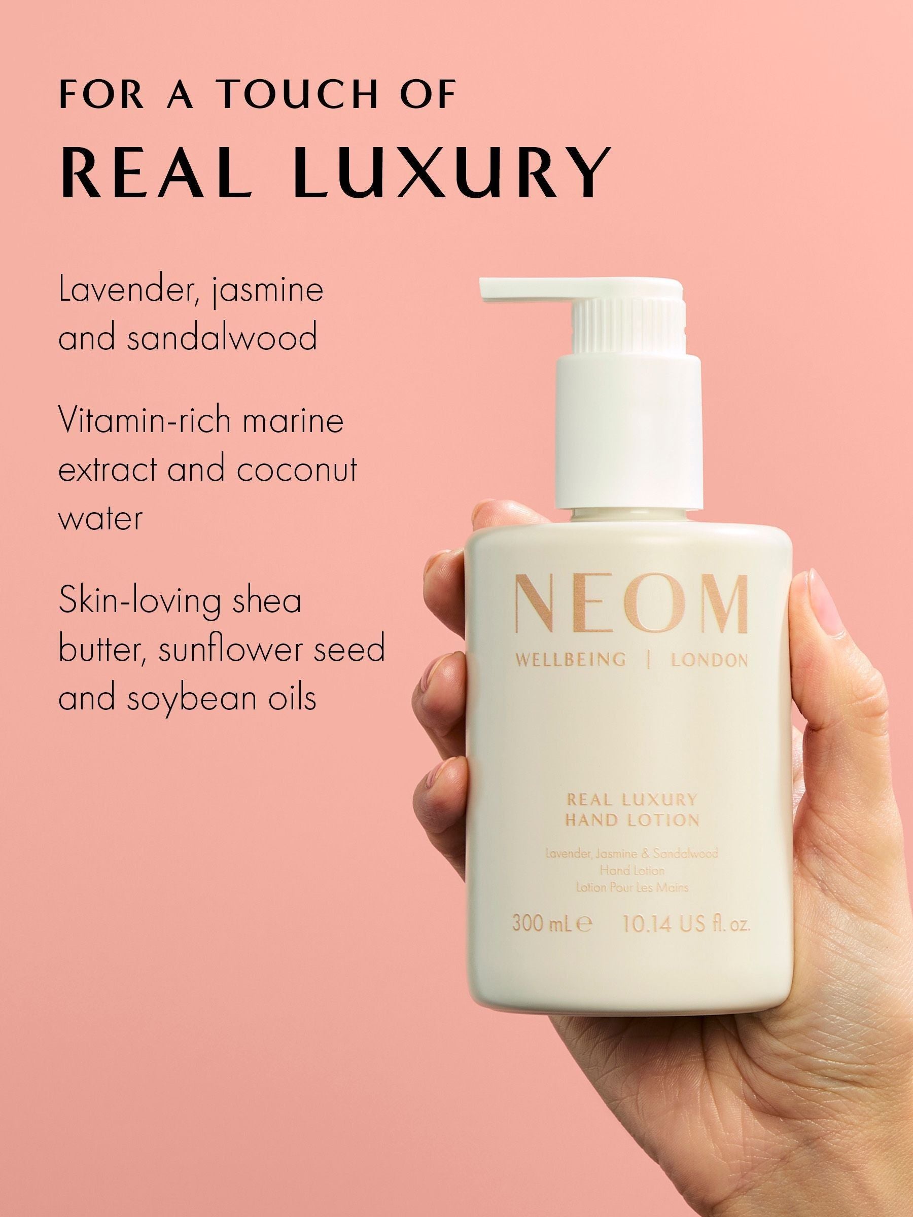 Neom hand lotion lavender, jasmine, and sandalwood, imported from the UK