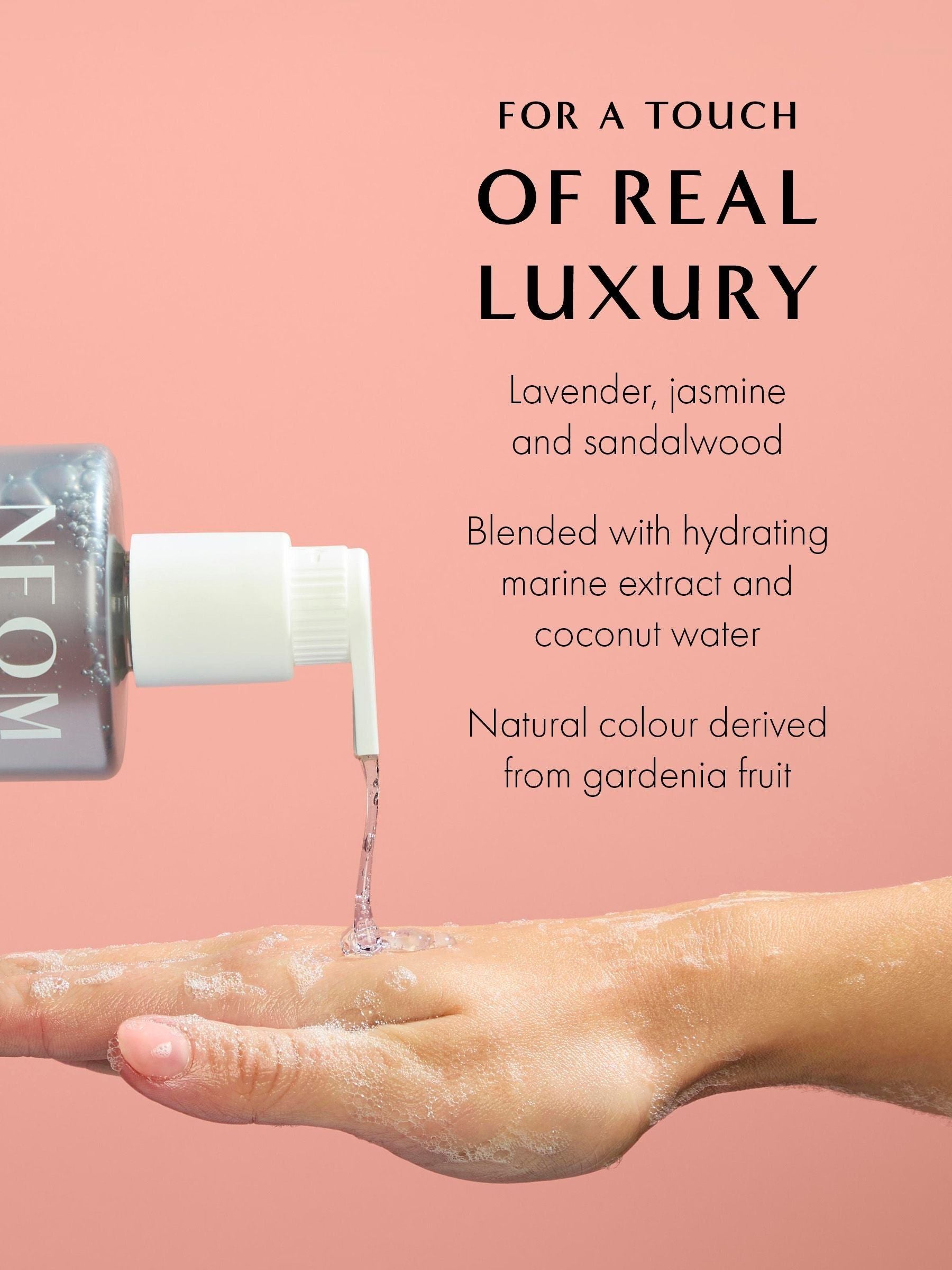 Neom hand wash refill with Lavender, Jasmine and Sandalwood scents, imported from the UK