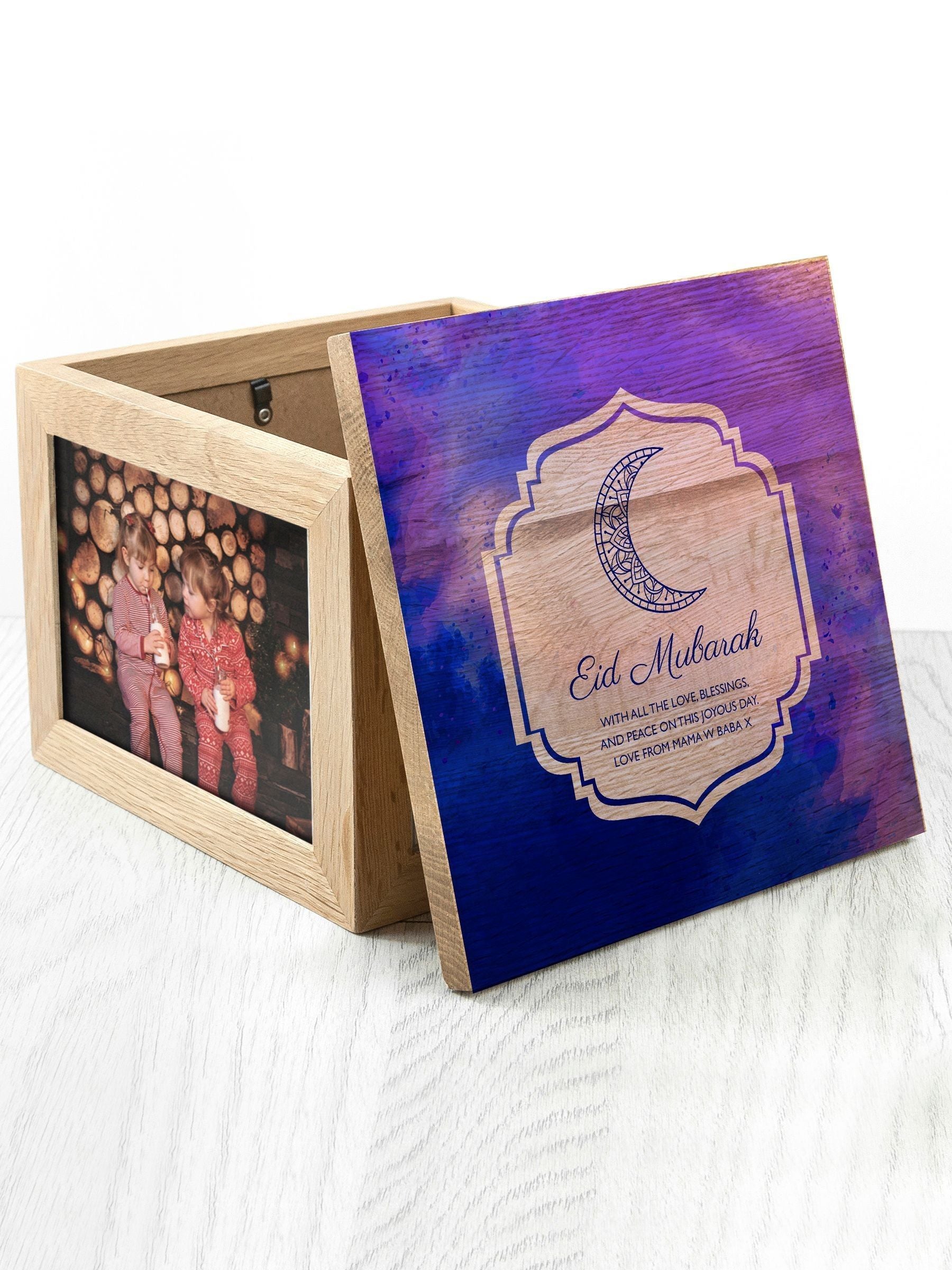 Treat Republic personalised Eid Mubarak keepsake box with blue or pink lid, imported from the UK