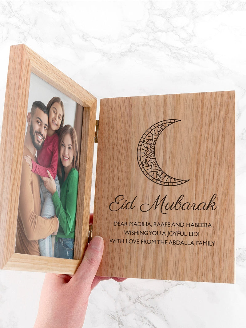 Treat Republic personalised Eid Mubarak oak book photo frame, imported from the UK