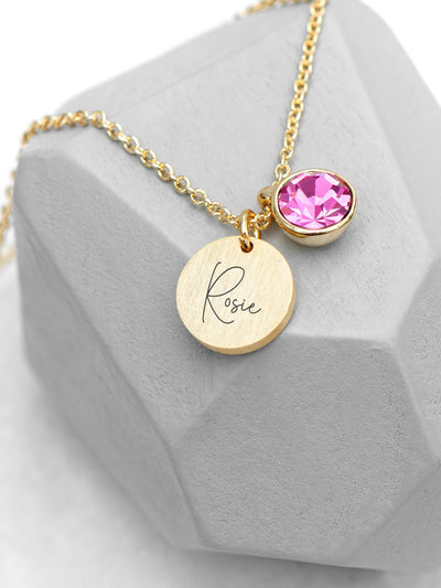 Personalised Birthstone Crystal and Disc Necklace by Treat Republic